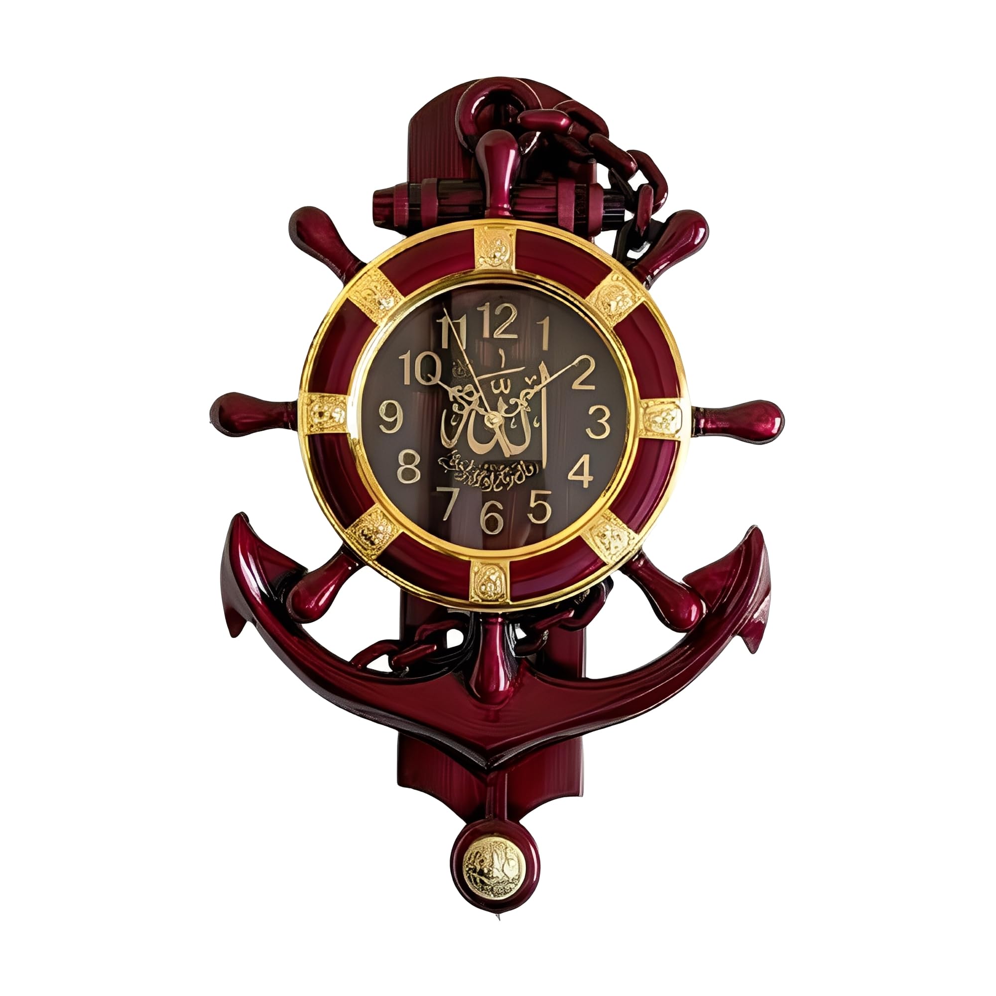 Horloge murale design roue de bateau rouge et dorée, une idée cadeau unique