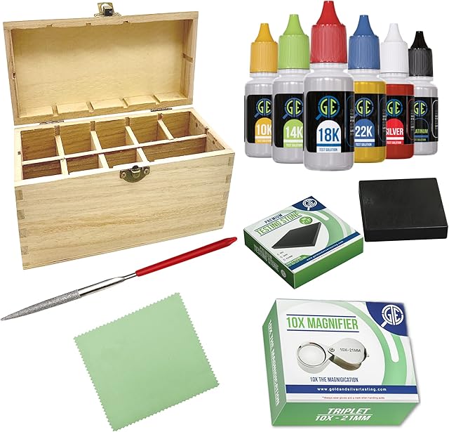 GTE Precious Metal Jewelry Testing Kit Gold Silver Platinum Test Acids Wooden Box 30X Eye Loupe 10K 14K 18K 24K Needle File Cloth Acid