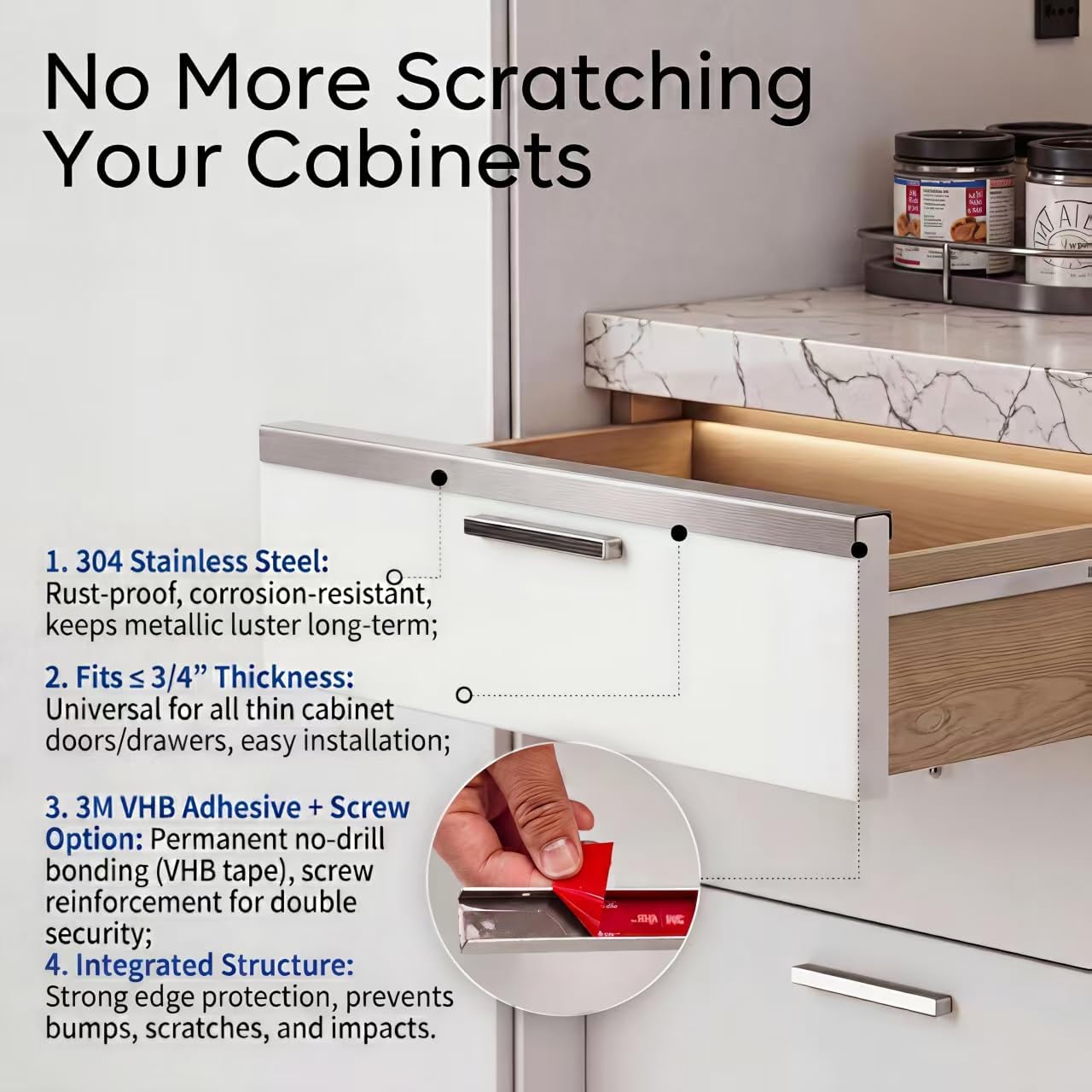 Stainless Steel Drawer Cap Protects Cabinet Edges from Damage. Slip-on Design with 3M Adhesive for a Secure fit. Fits 3/4" Thick or Less Doors and Drawers (Brushed Stainless, 17 Inch)