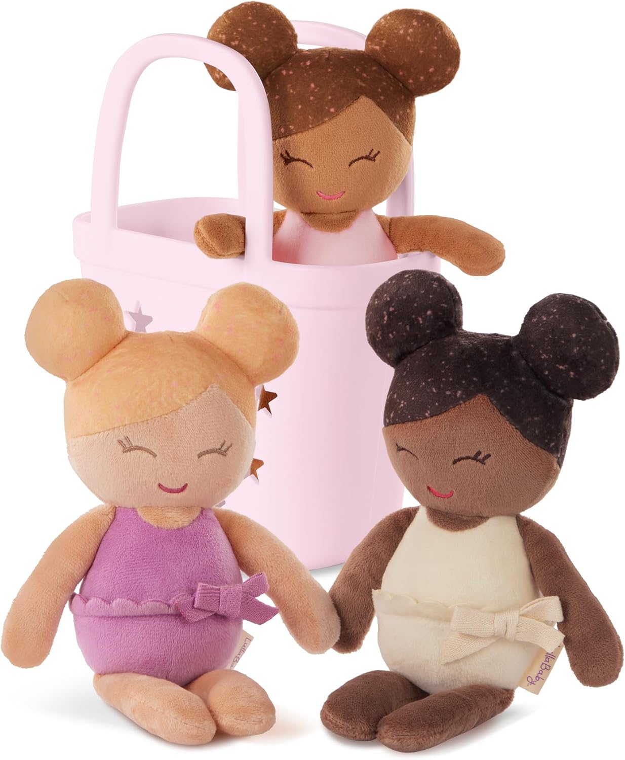 LullaBaby – Washable Bath Dolls for Real Water Play – 3-piece Set of Soft Plush Dolls – Carrying Basket with Cute Star Cutouts