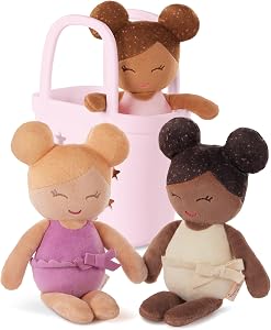 LullaBaby - Washable Bath Dolls for Real Water Play - 3-Pieces Set of Soft Plush Dolls - Pink Carrying Basket with Star Cutouts - Pretend Play - Tub Toy for Kids 2 Years +