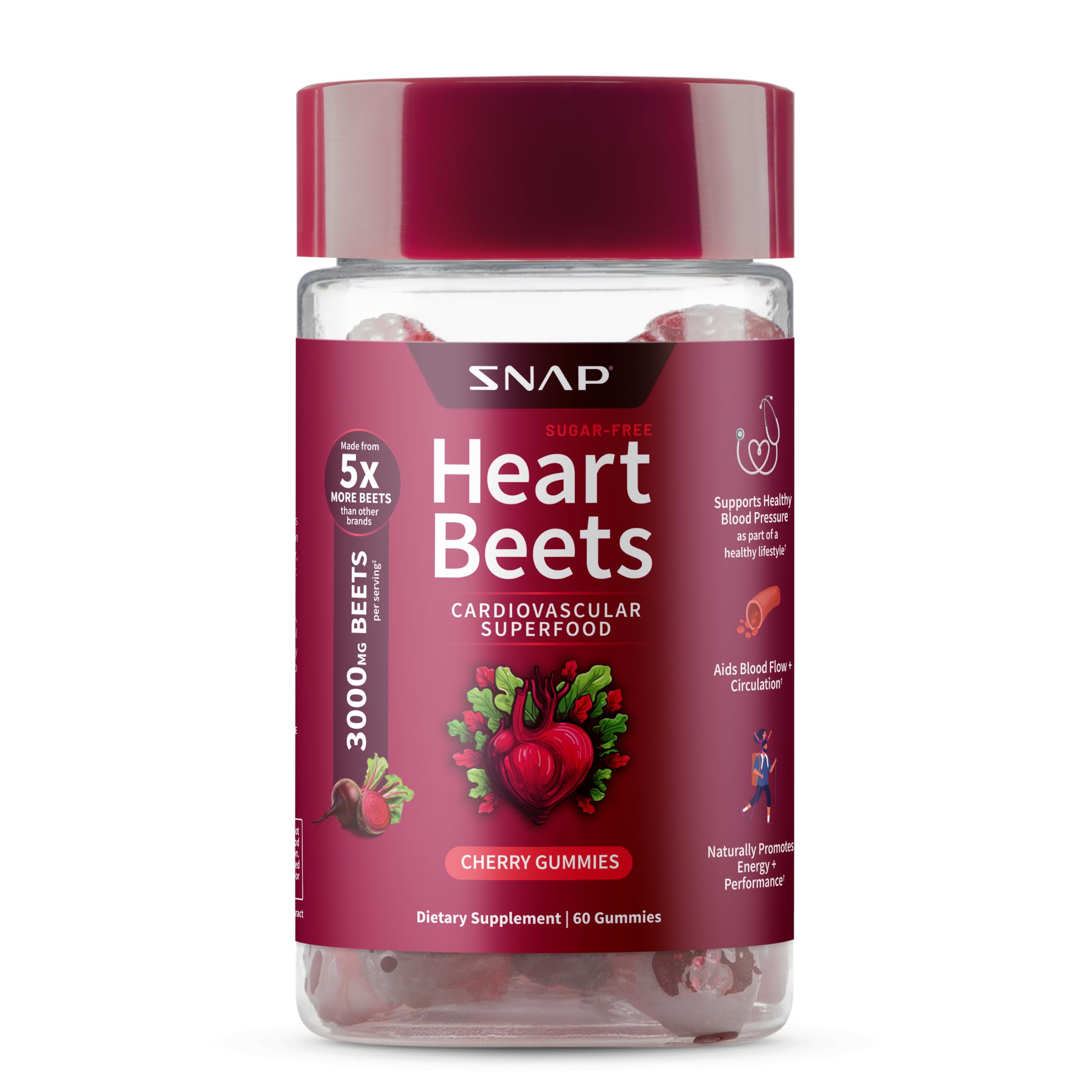 Snap Supplements Heart Beets Organic Beet Root 60 Sugar-Free Cherry Gummies