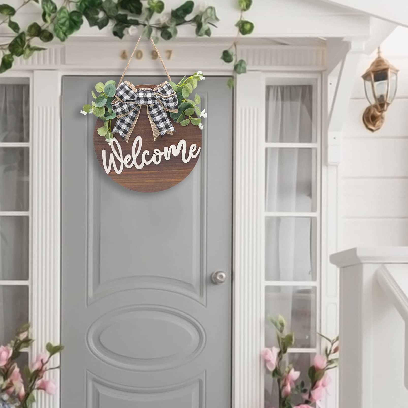 Letrero de Bienvenida Puerta Frontal Señal Madera Redonda Colgante Coronas de Bienvenida con Lazo y Flores para Casa de Campo Porche Decoración de La Puerta Delantera, 30 x 30 cm