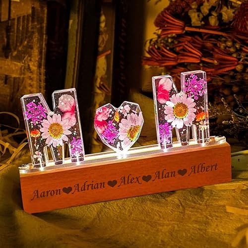 Miniatura 9 de Ozinna Lámpara de flores personalizada para mamá, nombre de flor seca personalizable, luz nocturna de resina epoxi, luces del alfabeto de resina de