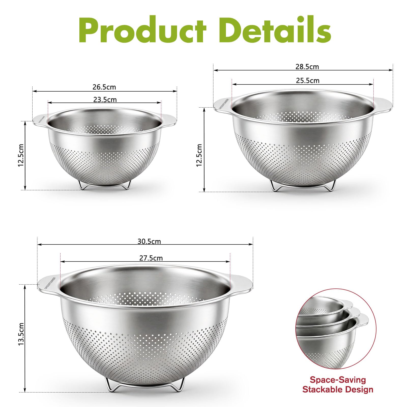 Greentainer Cuencos coladores de acero inoxidable, paquete de 3 unidades, base resistente avanzada, mango ancho, apto para lavavajillas, para drenaje y enjuague, verduras, frutas, arroz, colador