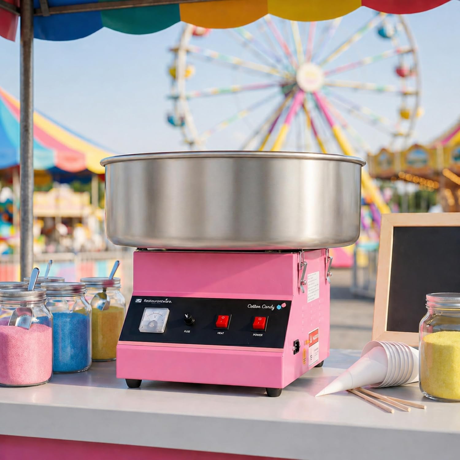 Restaurantware Hi Tek 21 Inch Cotton Candy Machine 1 Birthday Party and Carnival Candy Floss Maker - Produces 80 Cones Per Hour 110V Stainless Steel Sugar Cotton Machine 1080W