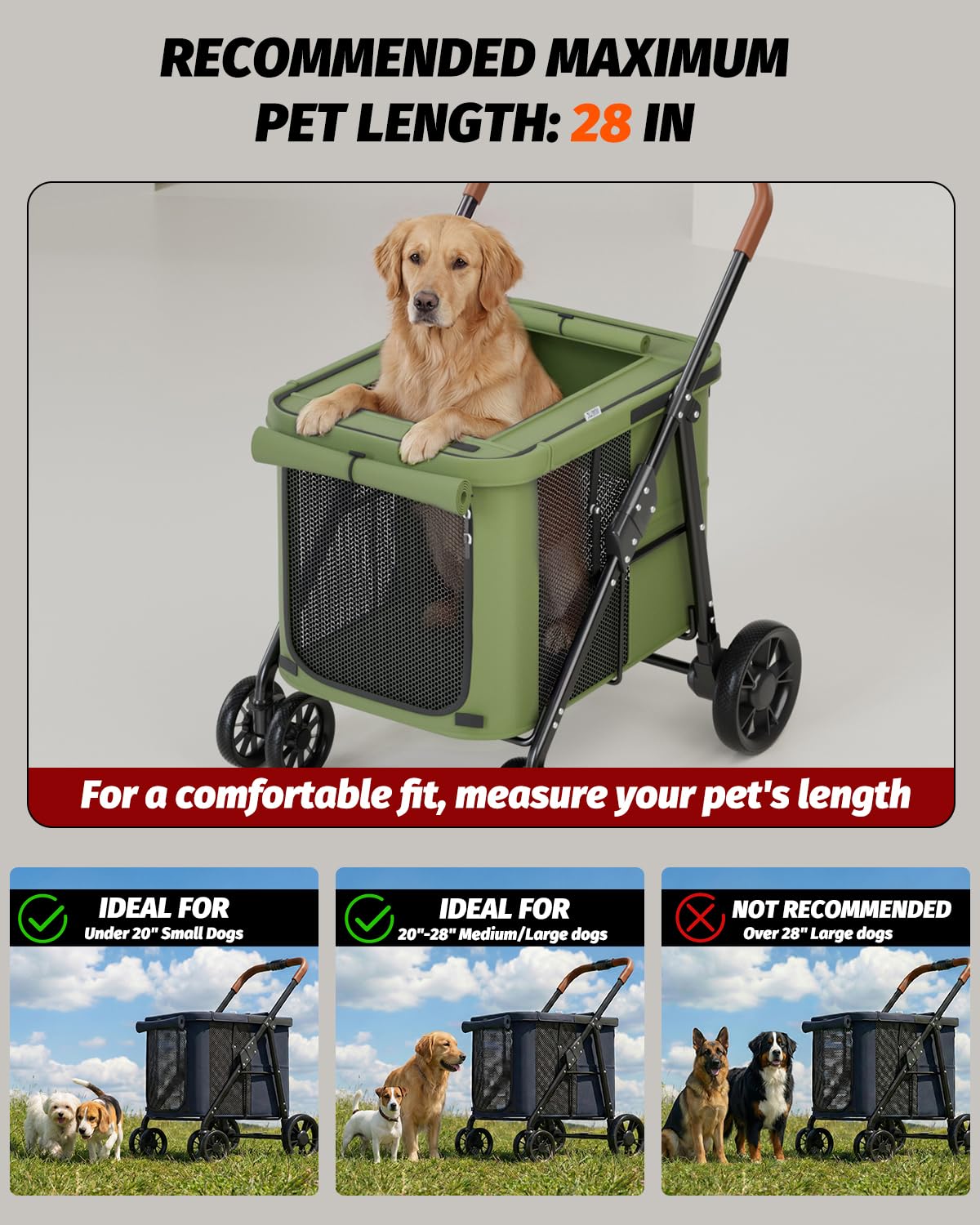 Dog Stroller for Large & Medium Dogs, Pet Stroller for 2 Small Dogs Up to 80 Lbs, Extra Large Heavy Duty, Folding & Breathable, All-Terrain Wheels, Military Green