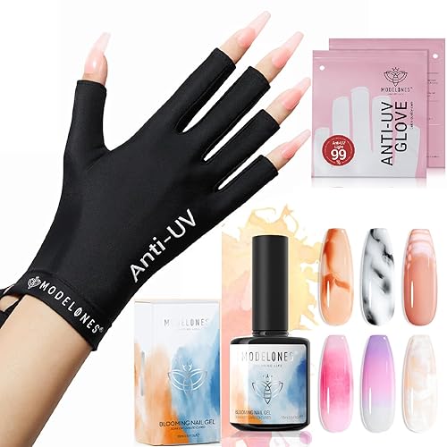 modelones Guantes UV para lámpara de uñas de gel con esmalte de uñas de gel floreciente, kit de diseño de uñas de mármol transparente de 0.5 onzas