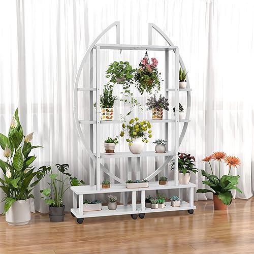 Miniatura 3 de 2 soportes de metal de 6 niveles altos para plantas de interior con ruedas desmontables, soporte para plantas para espacios exteriores con lazo