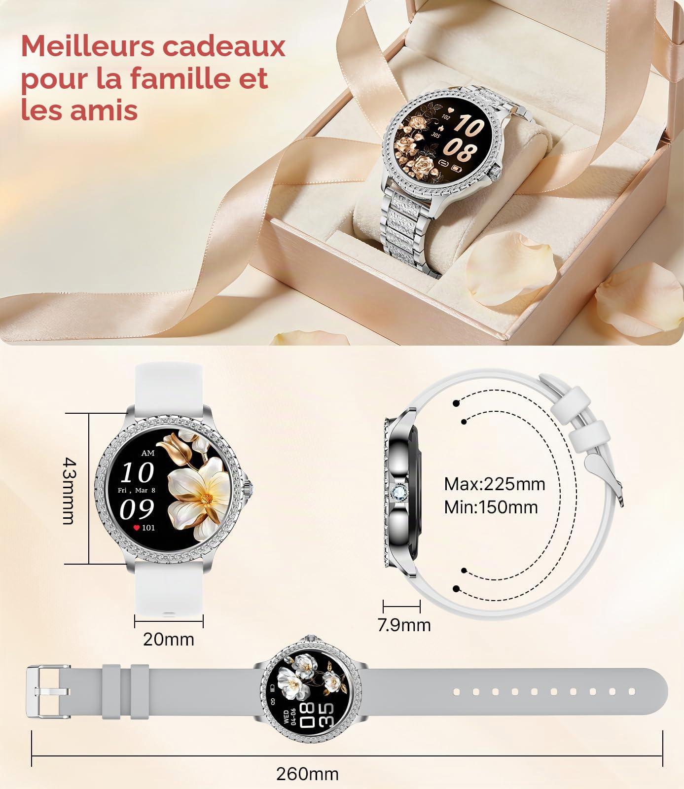 Montre Connectée Femme avec Diamant, 1,32" Écran Smartwatch, Appel Bluetooth/Suivi de la Fréquence Cardiaque et Sommeil, 500+ Cadrans, IP68, 110+ Modes Sportifs, Compatible Android iOS, Argenté