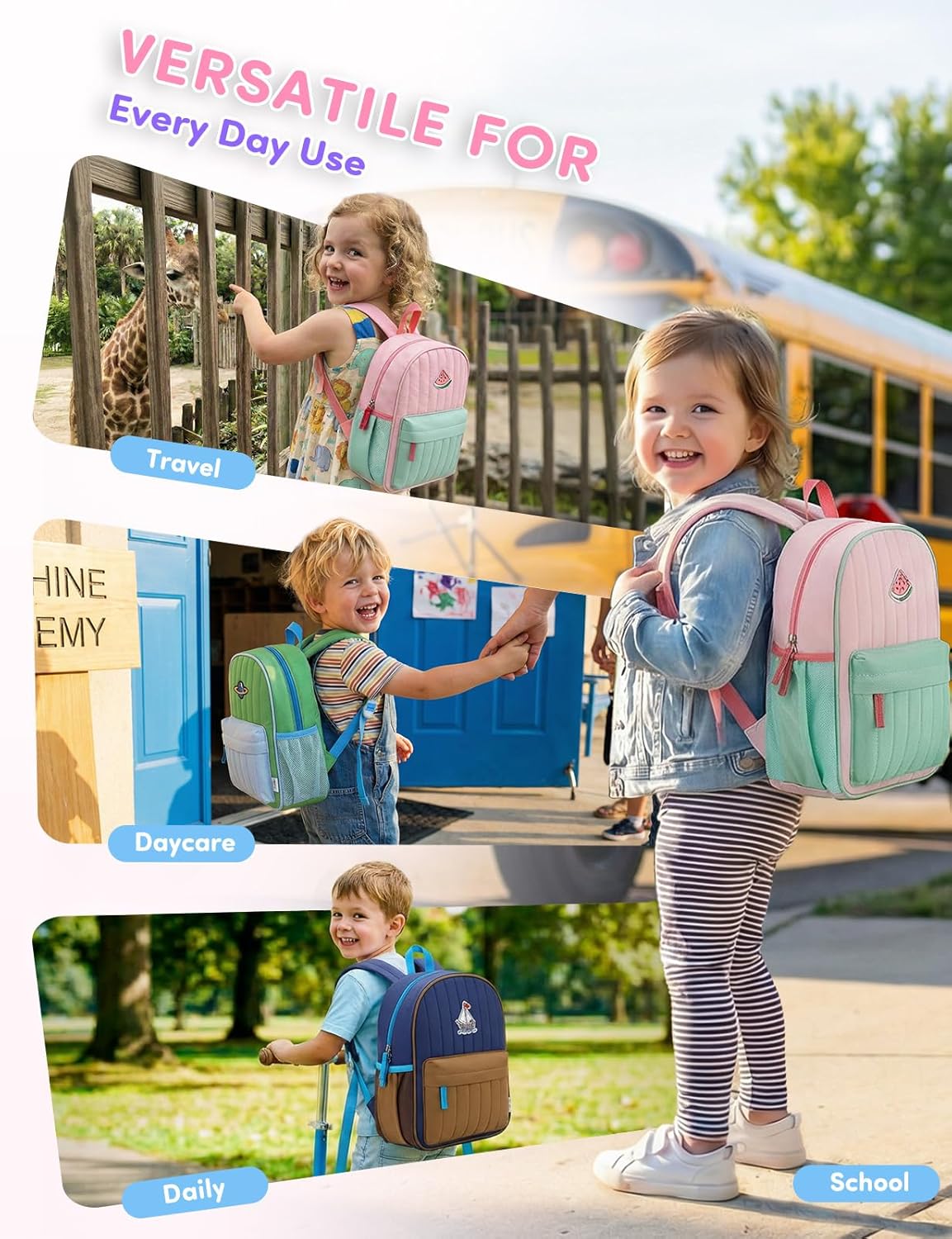 VASCHY Toddler Girls Backpack, Kids' Small Lightweight Quilted Color-blocked Bookbag School Backpack for Kindergarten Children Light Pink Green - Image 7