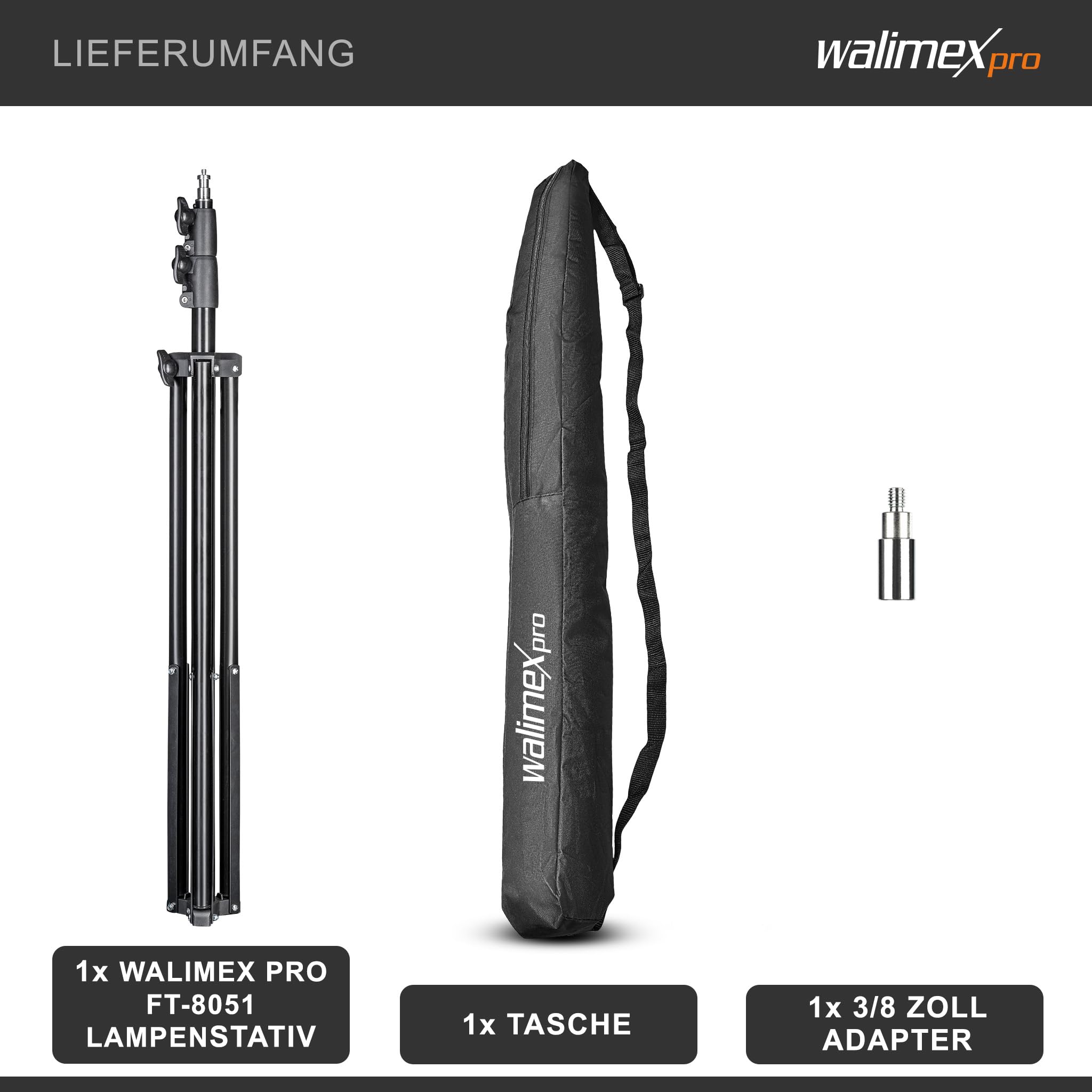 Walimex pro FT-8051 Lampenstativ 260cm - Lichtstativ mit Federdämpfung, Höhe max 260 cm, 5 kg Traglast, Aluminium, für Fotografie Studio Outdoor, mit Tasche und Adapter, Schwarz