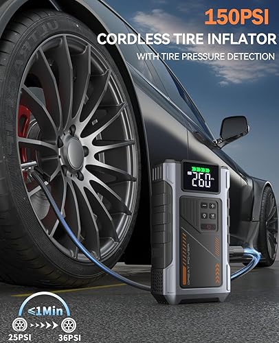 Miniatura 3 de Arrancador portátil con compresor de aire pico de 3500 A con inflador de neumáticos de 150 PSI, caja de salto para batería de automóvil de 12 V