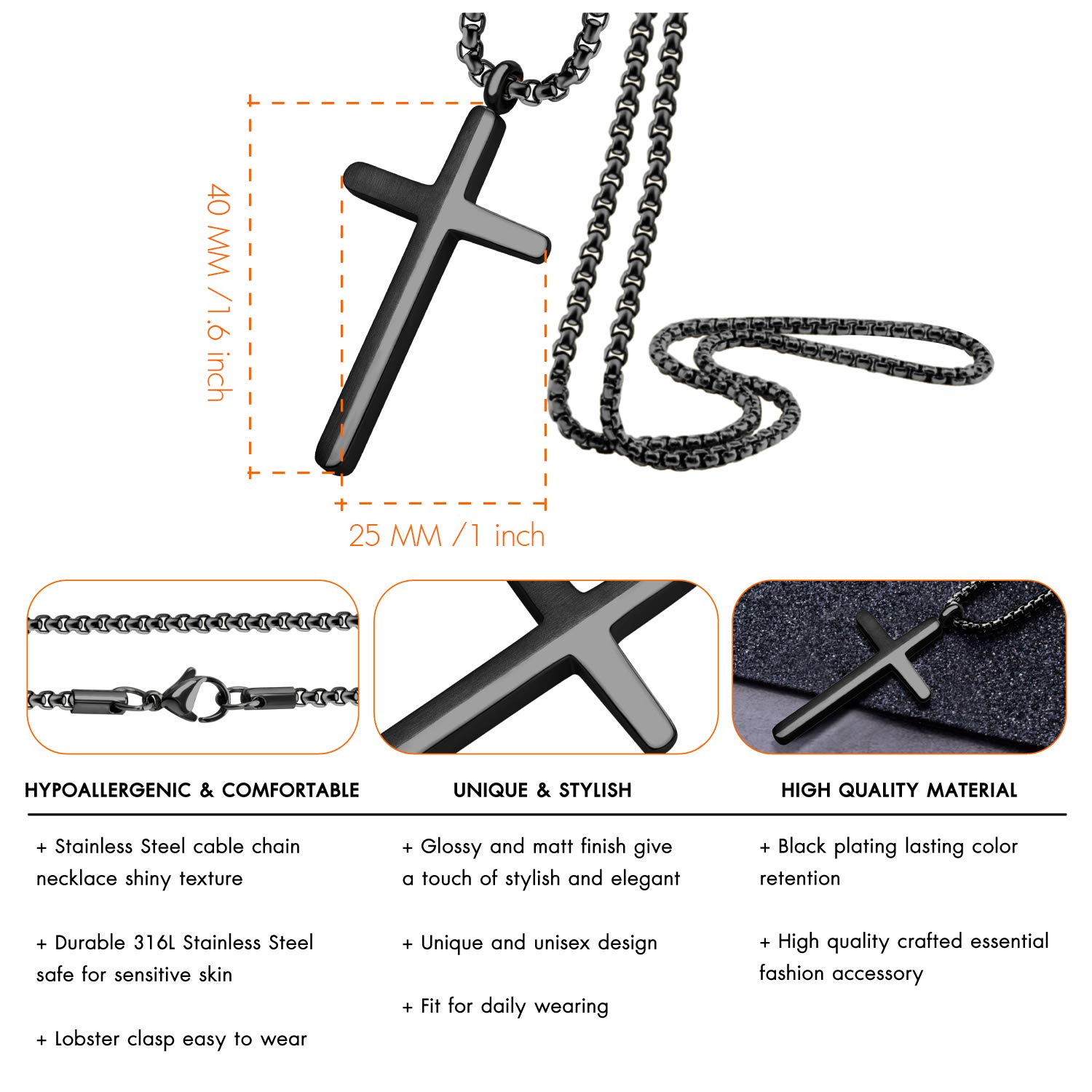 555Jewelry Collar de cruz de acero inoxidable para hombres y niños, cadena de caja de 40 a 60 cm negro