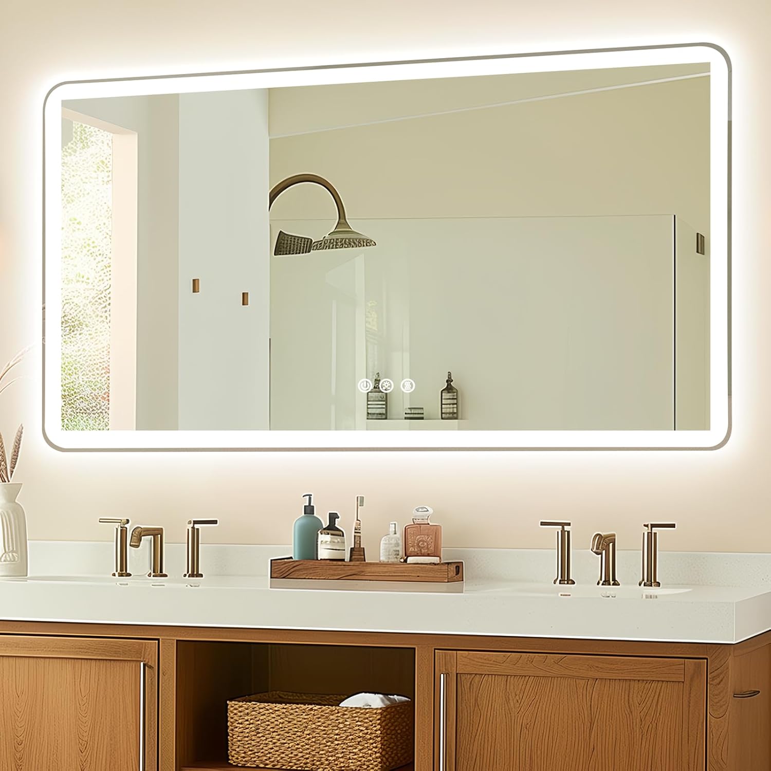 55x36 LED Mirror for Bathroom, Front and Backlit, Rounded Corner Frameless, 3 Colors & Dimmable Lighted Bathroom Mirror, Heated Defogging, Shatterproof Tempered Glass (Horizontal/Vertical)