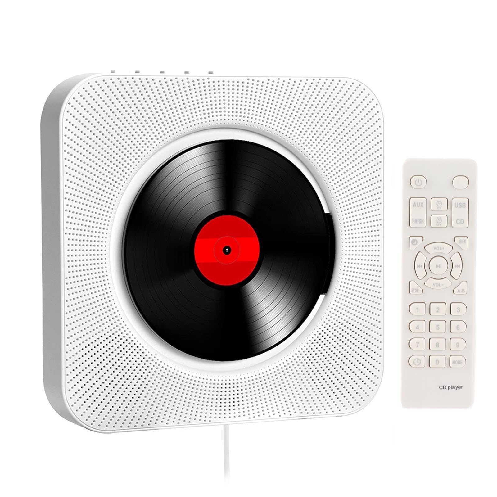 Walmeck Przenośny Odtwarzacz CD Głośnik Muzyka Stereo Ekran LED Odtwarzacz CD do Montażu na ścianie Pilot/BT/FM/TF Card/AUX Biały (Wtyczka UE)