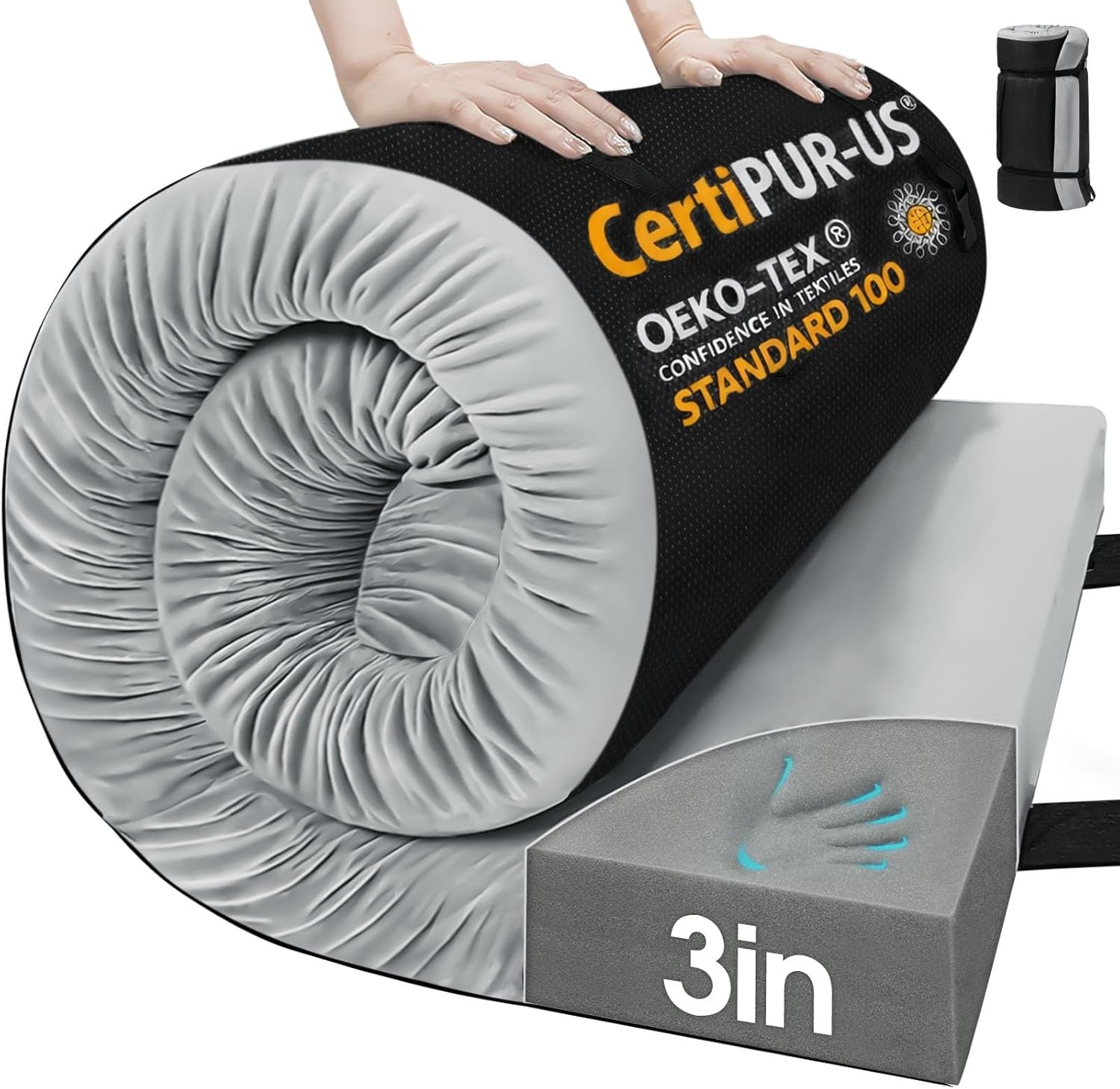 CYMULA 3-Inch Memory Foam Camping Mattress Pad - Non-Slip Portable Roll-Up Sleeping Mat for Tent, Cot, Car, Truck & Guest Bed