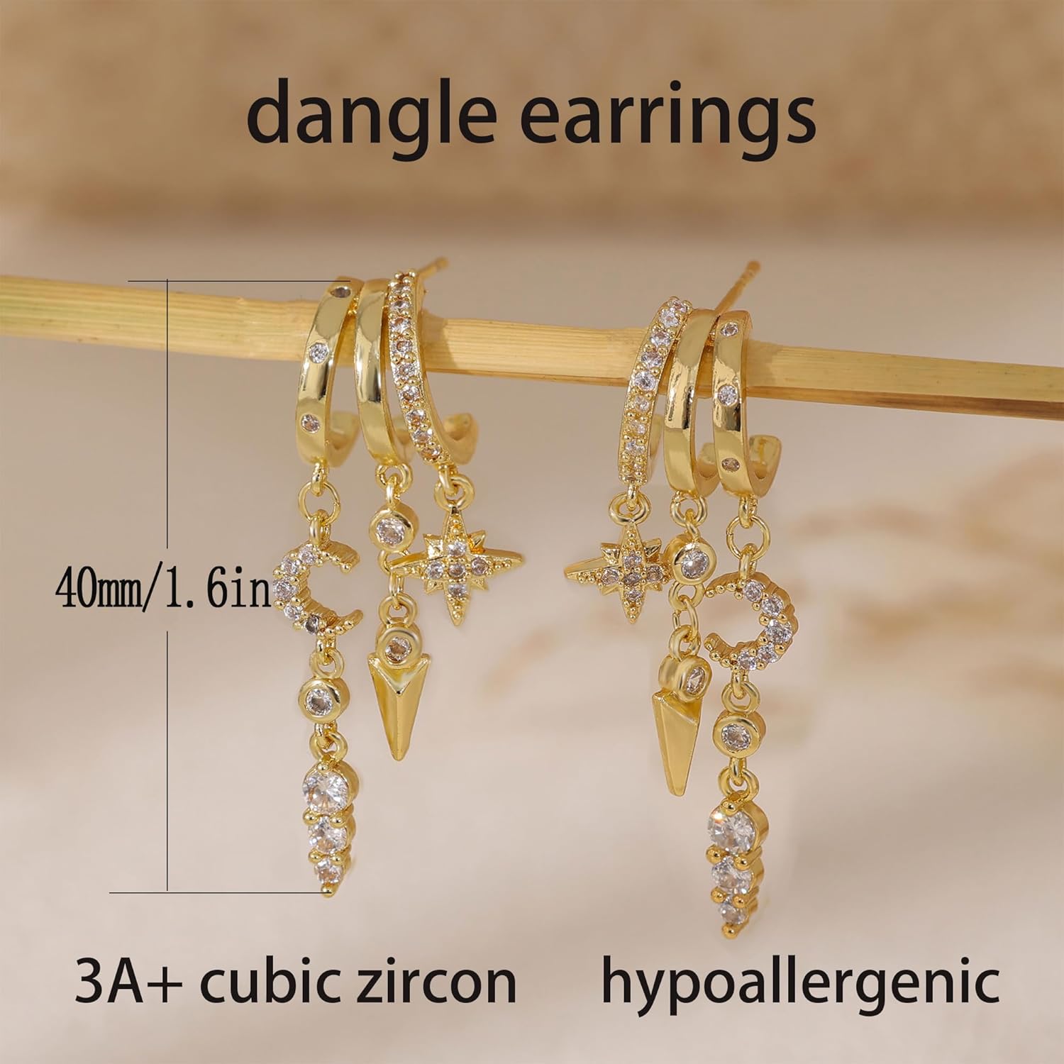 Dangle Earrings For Women,Dainty 14K Gold Plated Hypoallergenic Small Triple Huggie Hoop Earring Gothic Cute Cross Moon Star Drop Earrings For Women Trendy Gold Statement Stud Earring Jewelry - Image 4