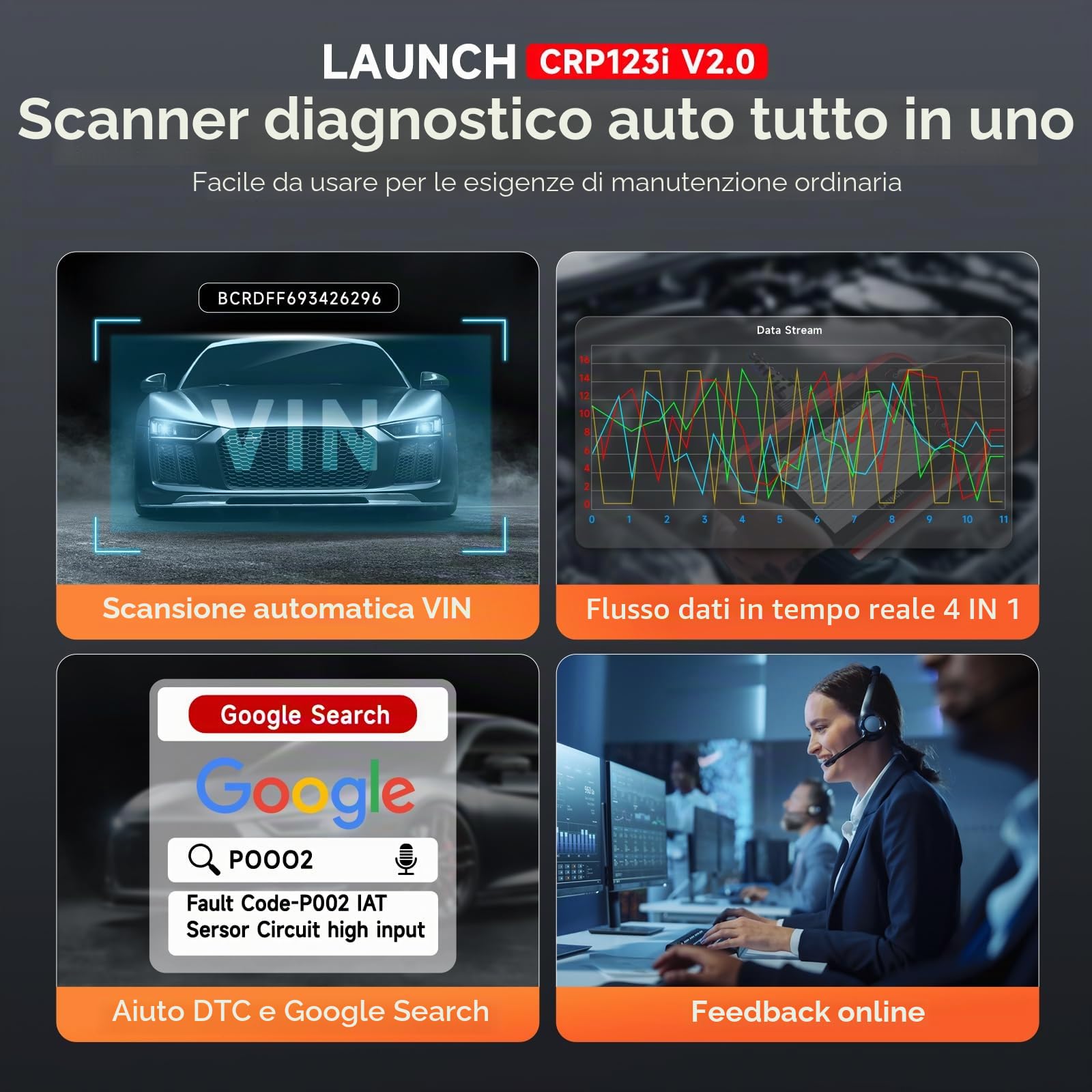 LAUNCH CRP123I V2.0 OBD2 Diagnostica Auto, 4 Sistemi OBD2 Diagnostico per ABS SRS Trasmissione Motore, Scanner di Codici con Olio/EPB/DPF/SAS/BAS/BMS/Ripristino Acceleratore, Test della Batteria