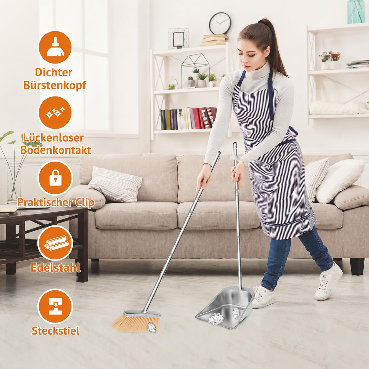 Besen und Kehrschaufel Set mit Langem Stiel 118cm Edelstahl Kehrmaschine und Kehrschaufel Außenbereich Aufrechter Schaufel und Besen Set für die Reinigung zu Hause Büro Veranda Terrasse (Quadrat)