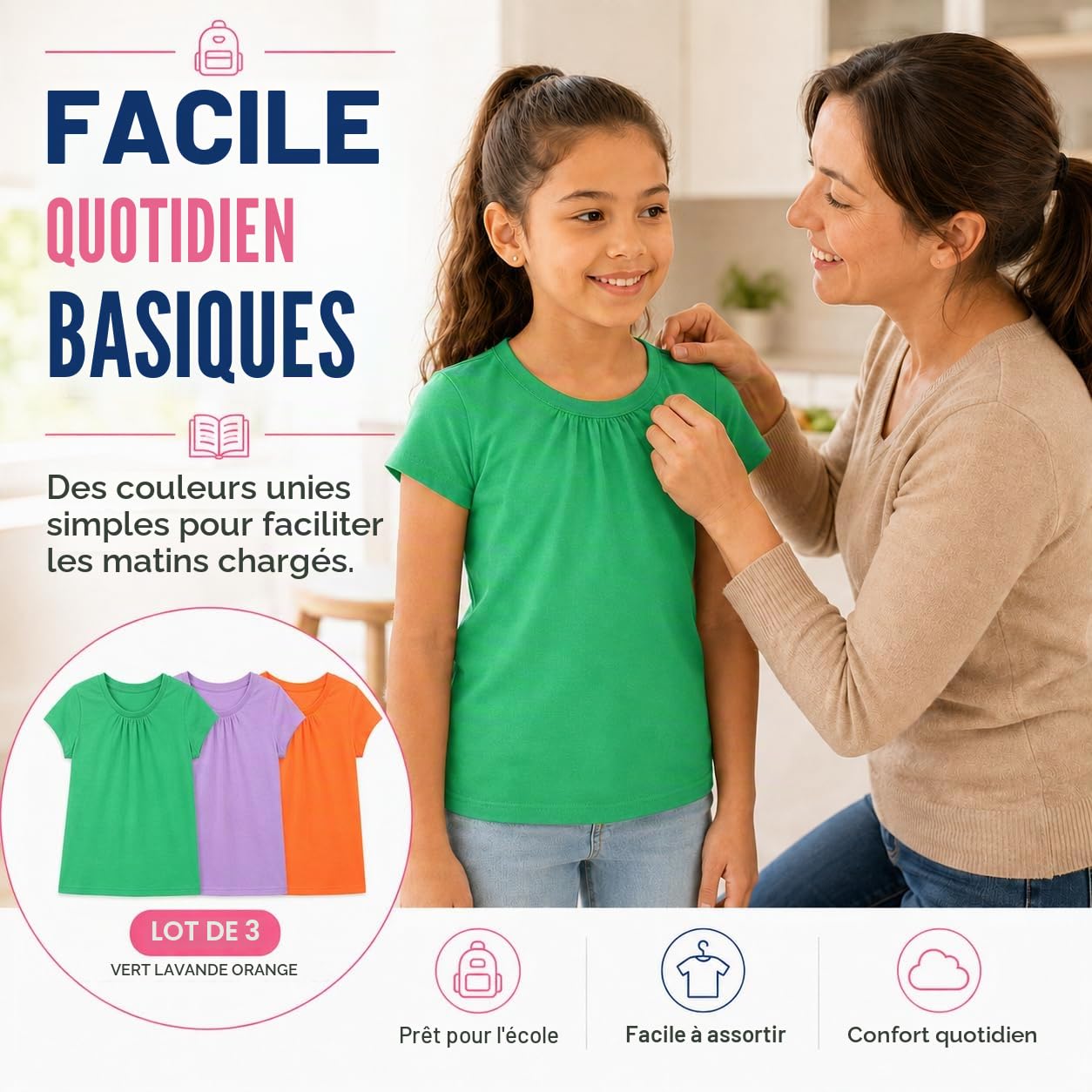 Bienzoe Fille Antimicrobien Séchage Rapide Manche Courte T-Shirt 3 pièces Pack