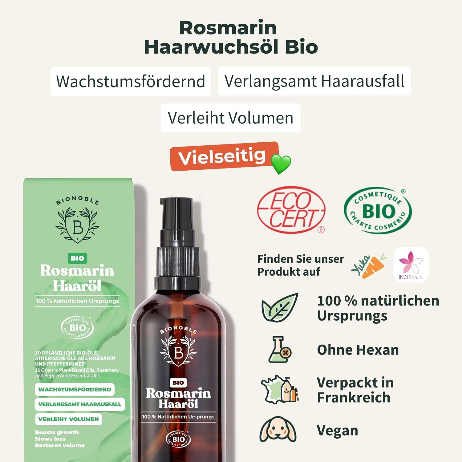 Bionoble Rosemary Oil Hair Organic Hair Oil Growth, Scalp Oil, Beard - 100 ml | 100% natural, hexane-free, rosemary oil, rosemary oil for hair growth, scalp oil, made in Germany, glass bottle, pipette Rosemary 100 fluid ounces (pack of 1)