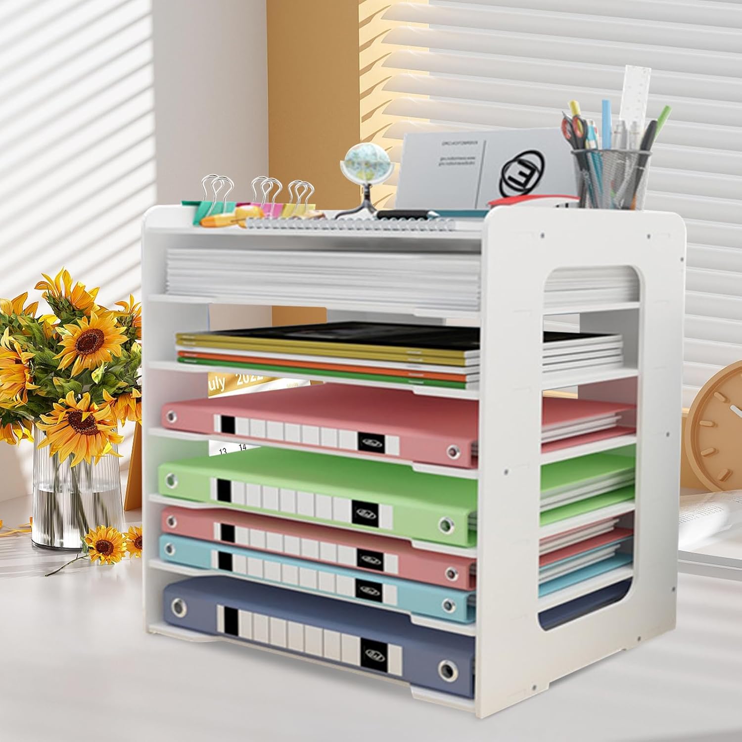 A3 Paper Organizer 11x17 Desk File Holder, Eco-Friendly PVC Desktop Storage Rack with 7 Compartments for Office, School & Home Supplies