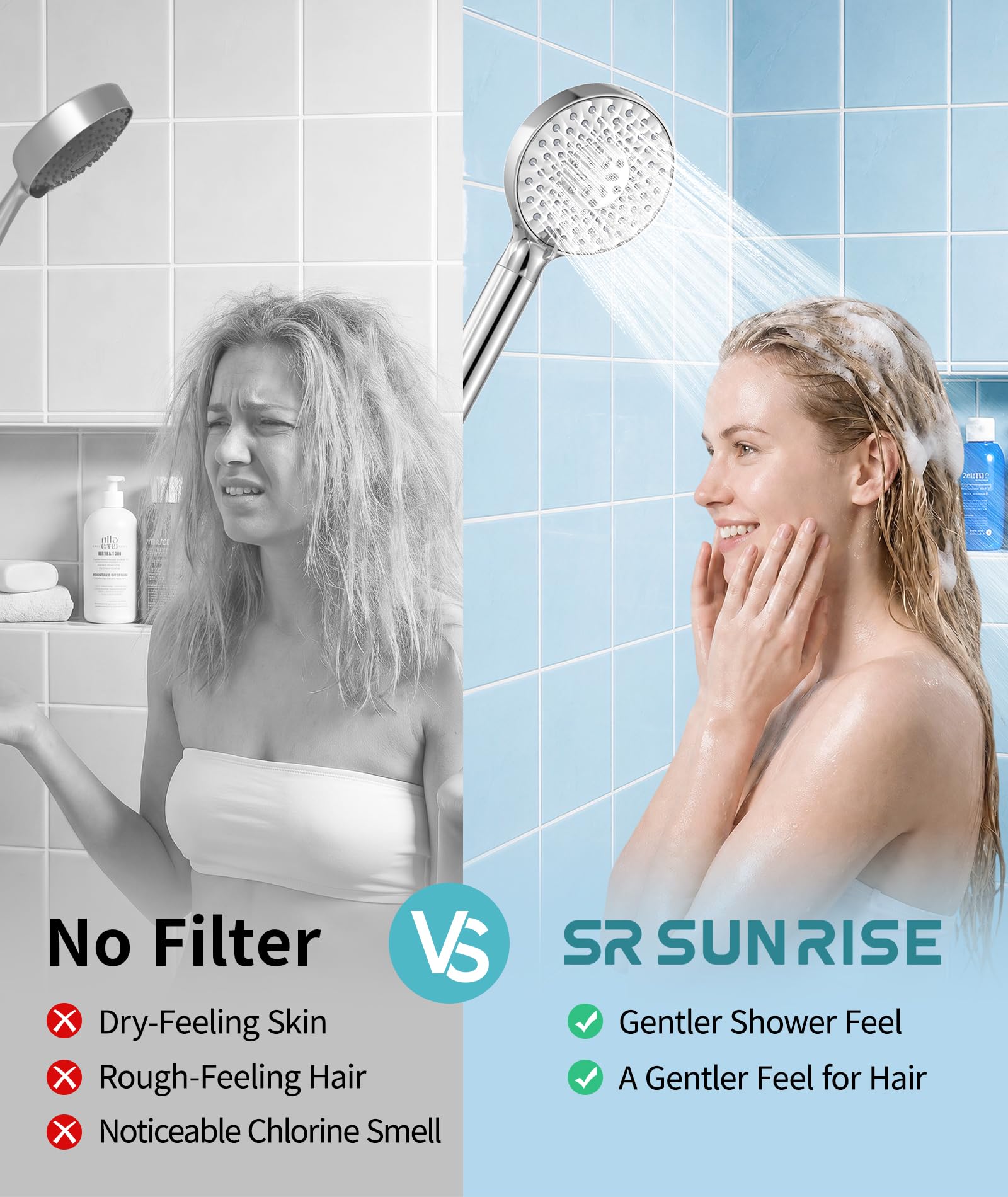 SR SUN RISE Alcachofa de ducha filtrada con mano, alta presión, 9 modos de pulverización, cabezal de ducha cromado con filtros, suavizante de agua para agua dura, elimina el cloro, reduce la picazón
