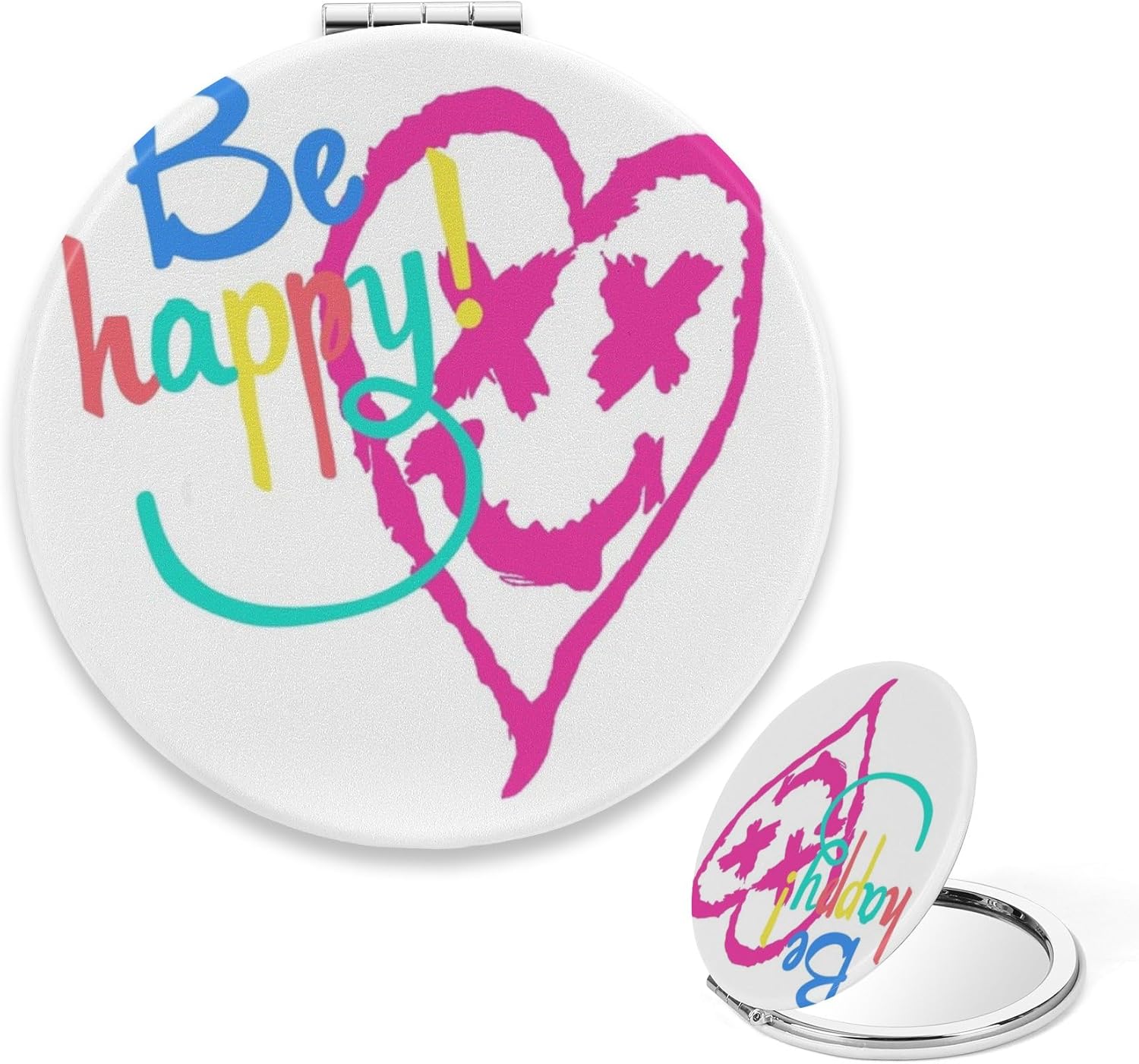 Vibrant Happy Heart Compact Mirror, 1X/2X Round Travel Makeup Mirror, Handbag Essentials Pu Leather Portable Mirrors, Travel Size Makeup Compact Mirrors, Gifts for Women, Gadgets for Women