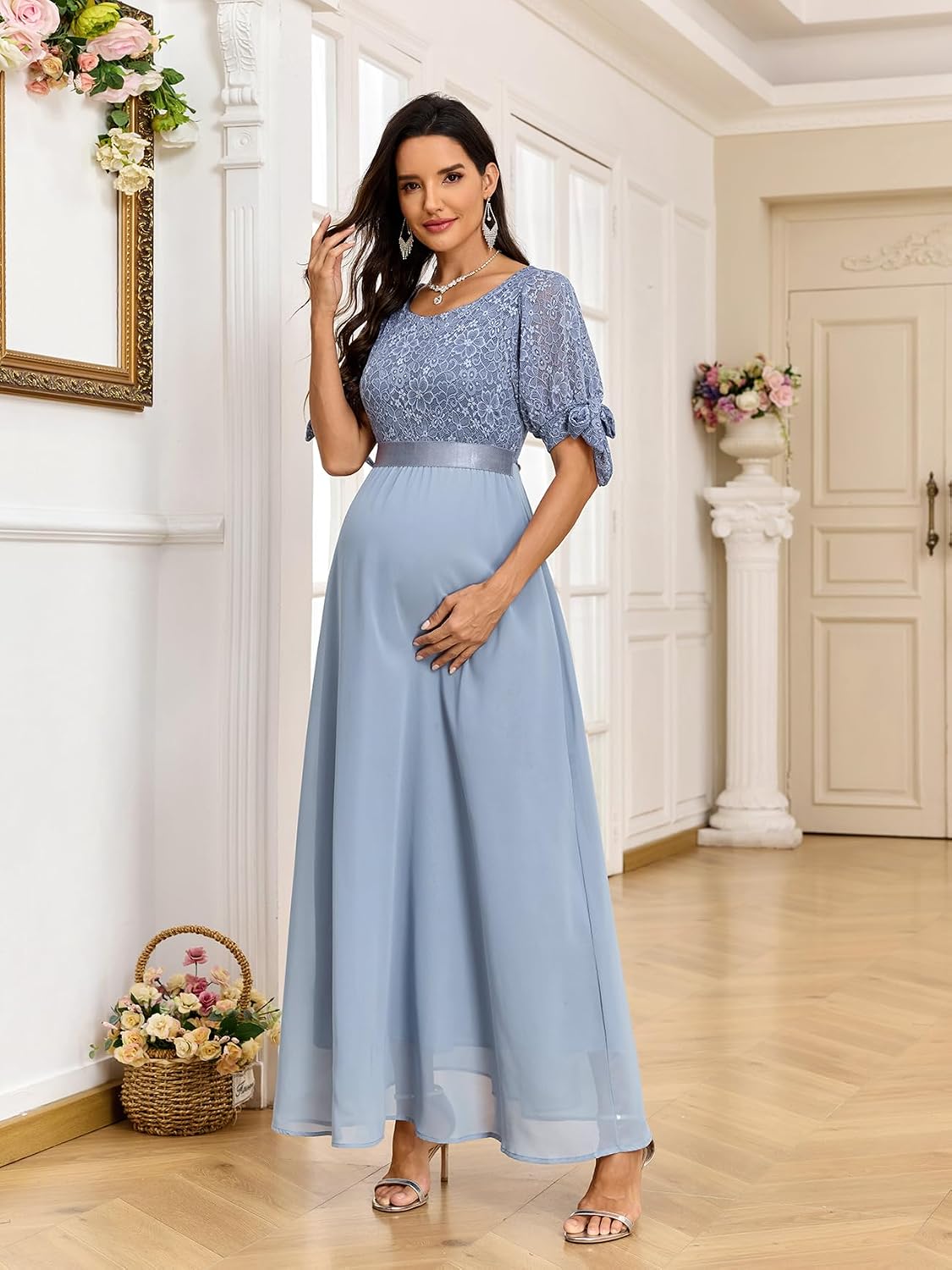 AISWI Maternity Floral Lace Maxi Dress Tie Short Sleeve A-Line Elegant Chiffon Gown for Photoshoot Wedding Baby Shower