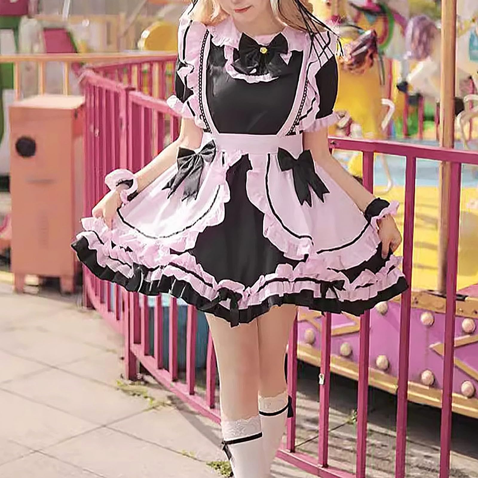 Karneval Kostüm Damen Dienstmädchen Cosplay Halloween Party Klassische Schürze Kleid Maid Dress Anime Outfit Verkleiden Kleider Schick Mädchen Uniform Pleated Hemdblusenkleid