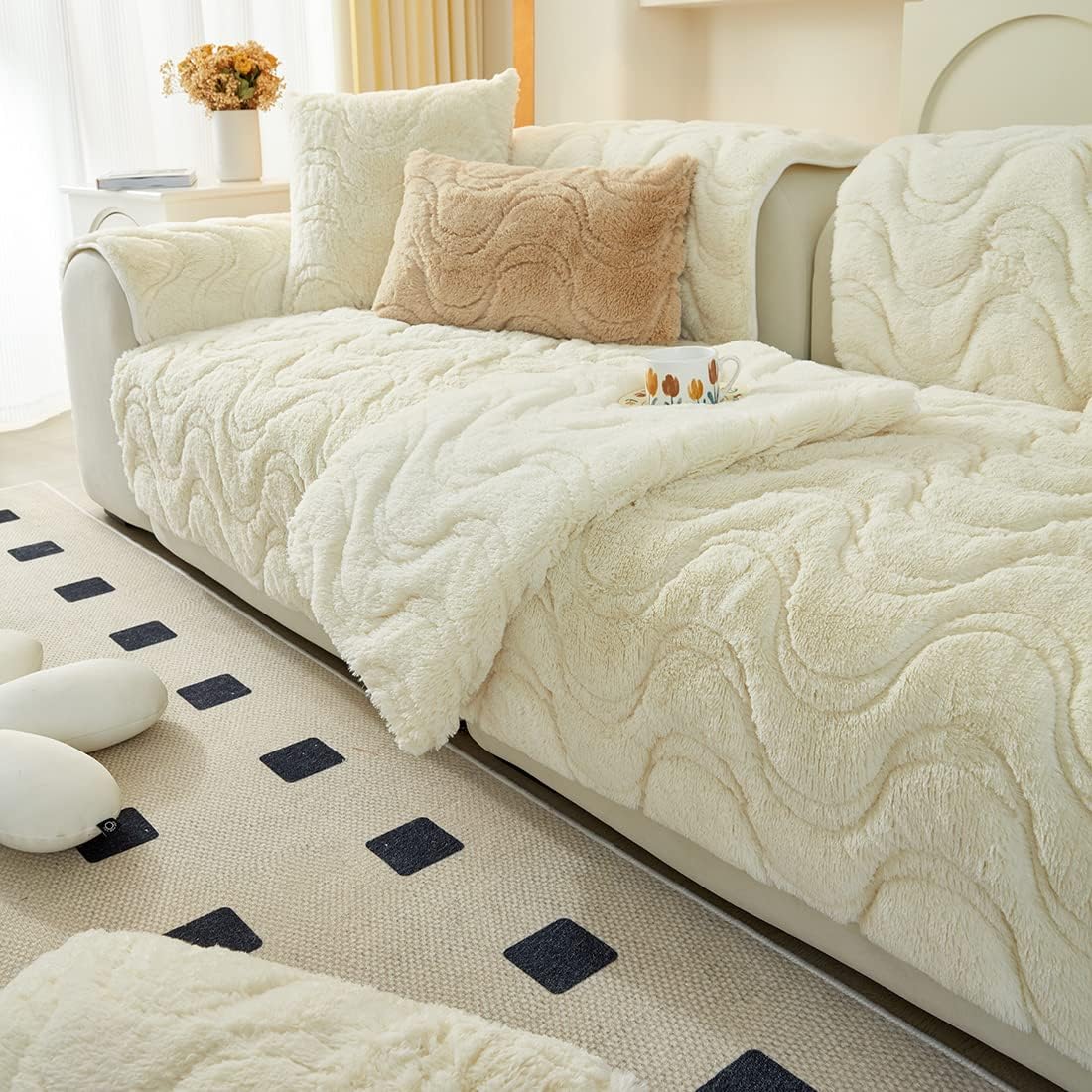 vctops Wavy Stripe Faux Fur Sofa Cover Soft Warm Fuzzy