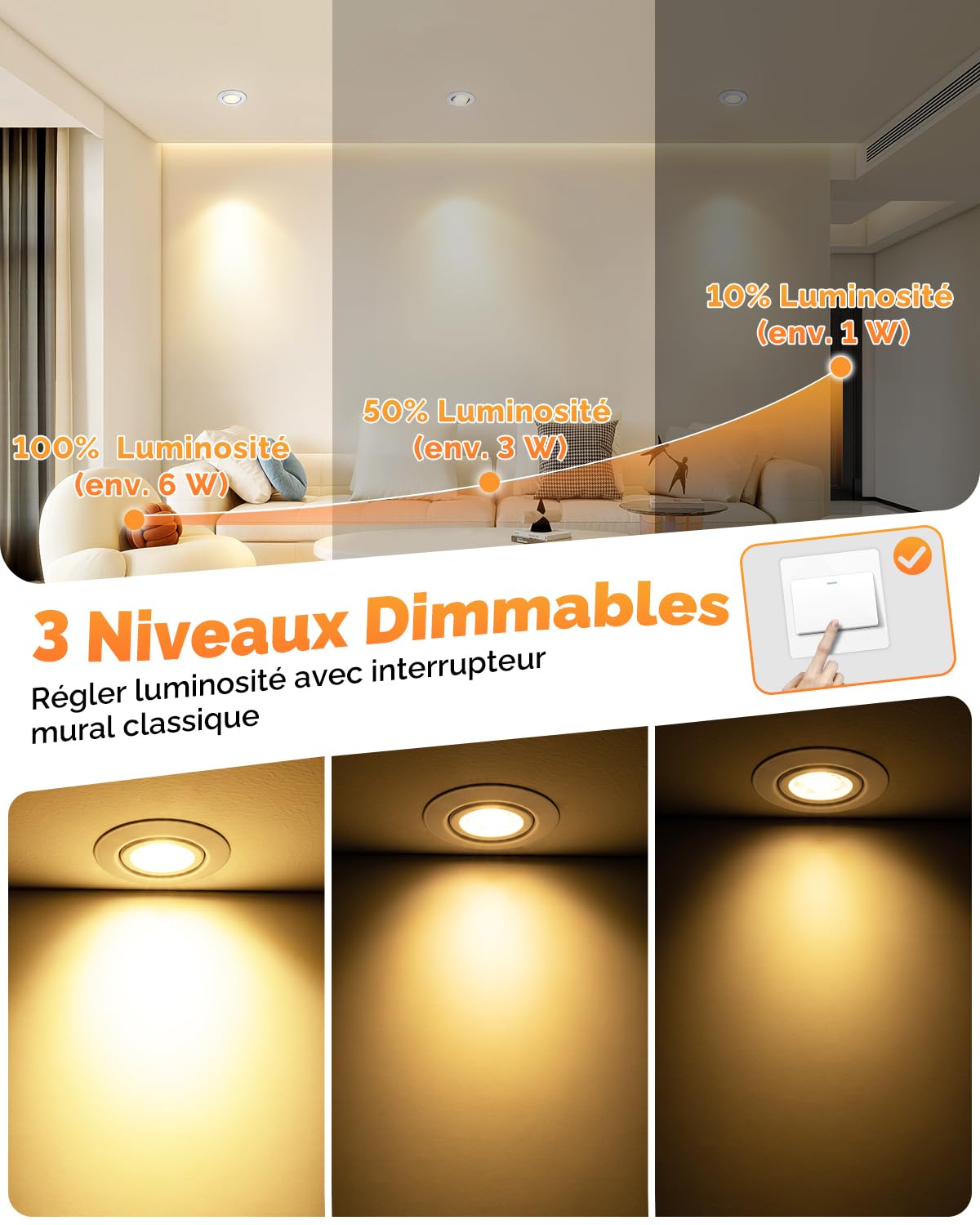 wowatt Lot de 6 Spot LED Encastrable Dimmable, 6W 640LM 3000K 4000K 6000K
