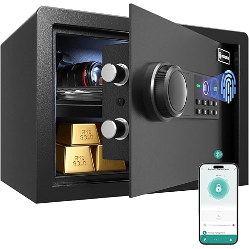 XDeer Smart Biometric Safe Box-0.78 Cu.ft, Home Safe Fireproof Waterproof Anti-Theft with 4 Unlocking Ways Fingerprint, Backlit Keypad, Keys, Bluetooth, Inner LED Light, Silent Mode, Adjustable Shelf