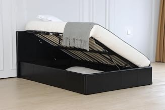Ottoman Storage Bed Frame with Side Lift, Black Faux Leather, Metal Frame with Wooden Slats, Massiave Underneath Storage (Small Double)