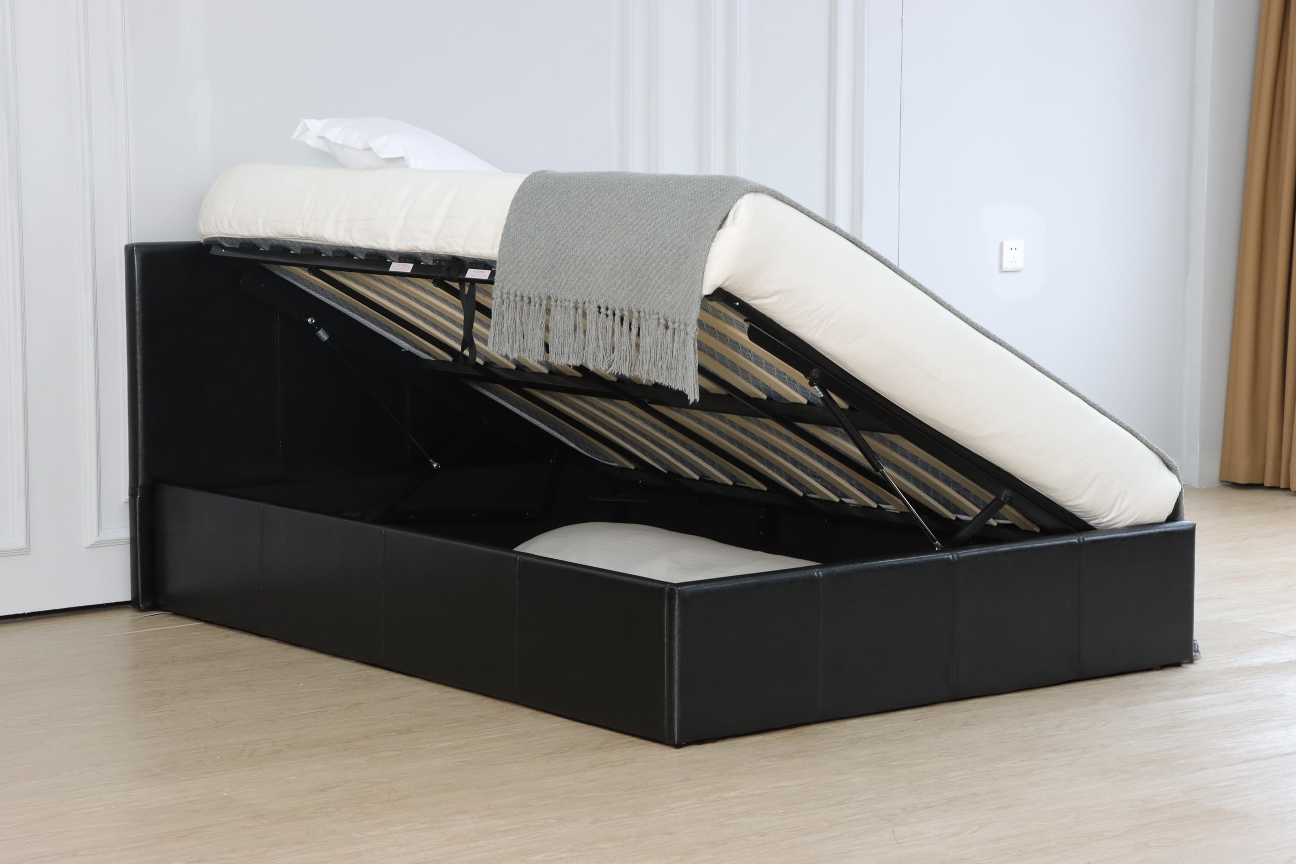 Ottoman Storage Bed Frame with Side Lift, Black Faux Leather, Metal Frame with Wooden Slats, Massiave Underneath Storage (Small Double)
