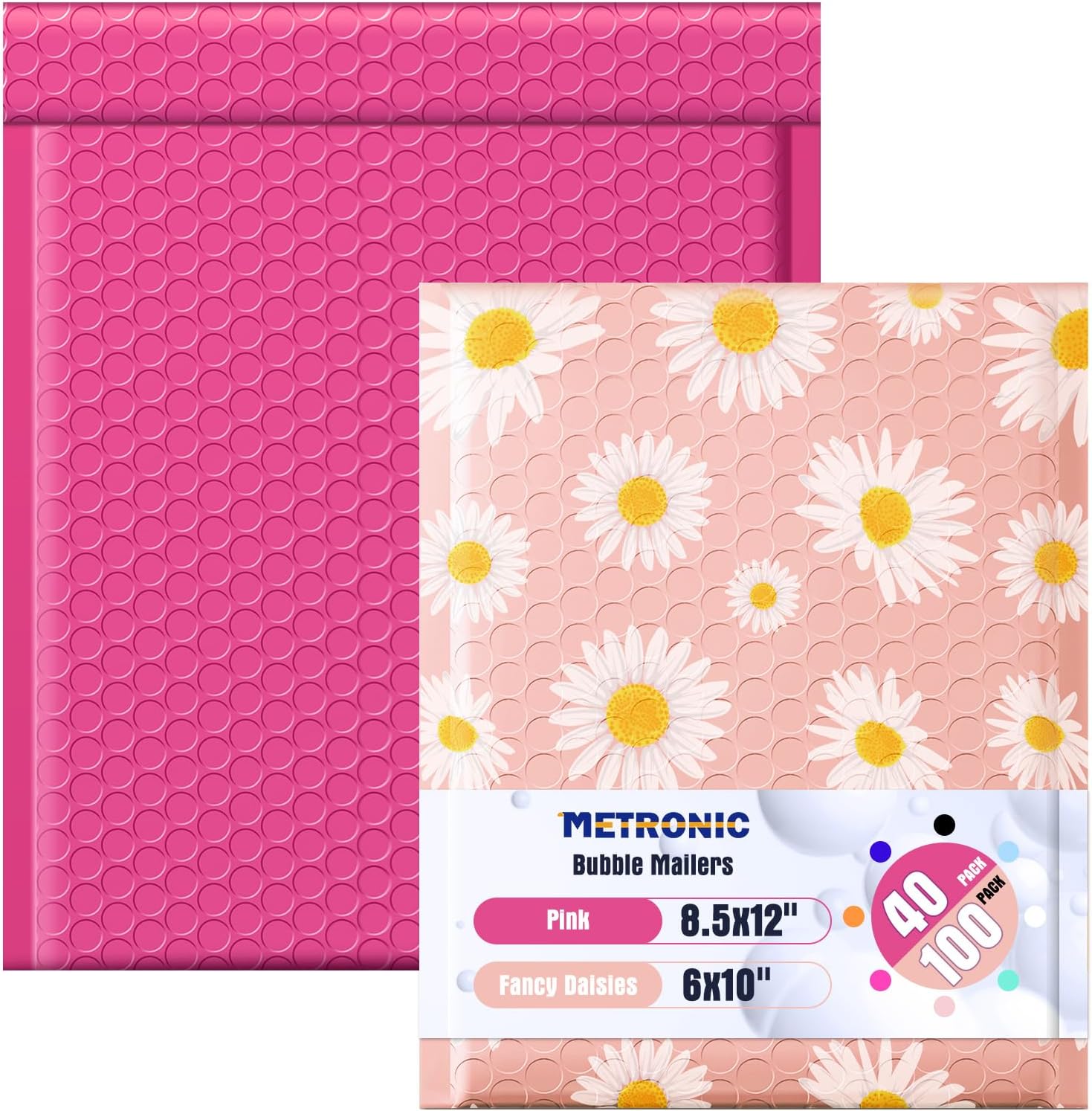 Metronic 100 Pack 6x10" Fancy Daisies +40 Pack 8.5x12" Pink Padded Envelopes,Waterproof Thick Padded Envelopes Strong Adhesive for Shipping, Mailing, Packaging