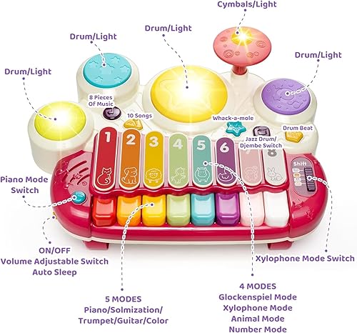 Miniatura 10 de Marstone Juguetes para niños y niñas de 1 año Juguetes musicales para bebés de 1 a 3 años, juego de batería de piano para bebés de 6 a 12 años, 12 a