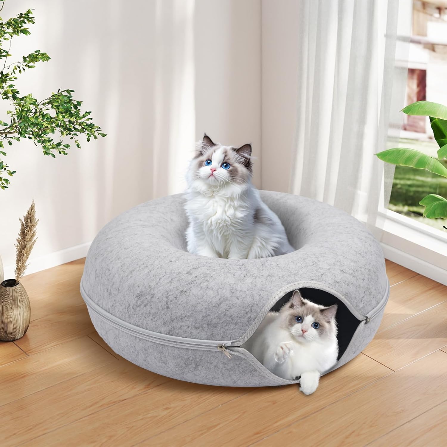 Cat Caves for Indoor Cats, Large Cat Tunnel for Multiple & Large Cats, Scratch Detachable Peekaboo Cat Cave Bed, Kitten Donut Kitty Hideaway Up to 45 Lbs