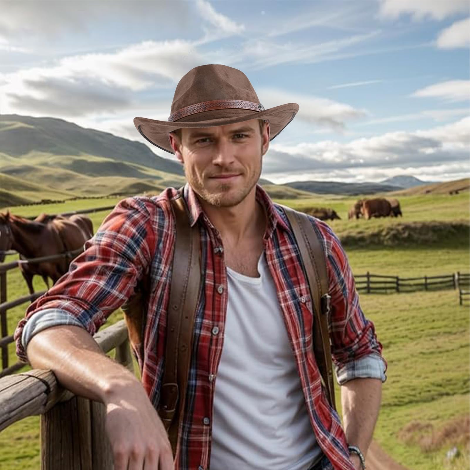 Cowboyhut für Damen und Herren, Westernhut, Wildleder, Panamahut, Cowboy- und Cowgirlhut, Filzhut, breite Krempe, Fedora-Hüte, Braun, braun, Einheitsgröße