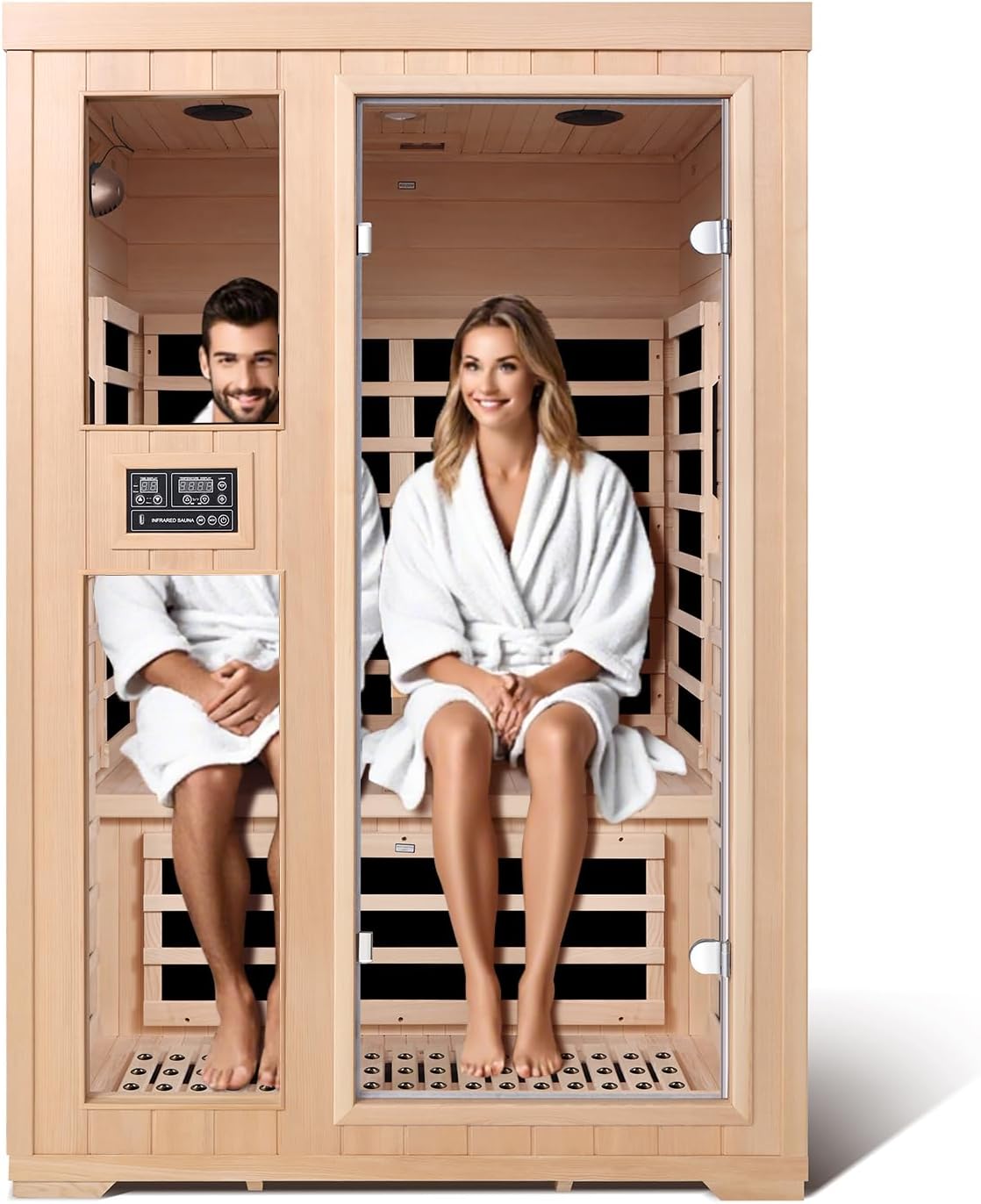 2-Person Infrared Sauna, Indoor Home Sauna Room Hemlock Wood Sauna Low EMF Far Infrared Heating with Tempered Glass Door Bluetooth Speakers, Chromotherapy Lights for Family（110V, 1850W）Truck delivery