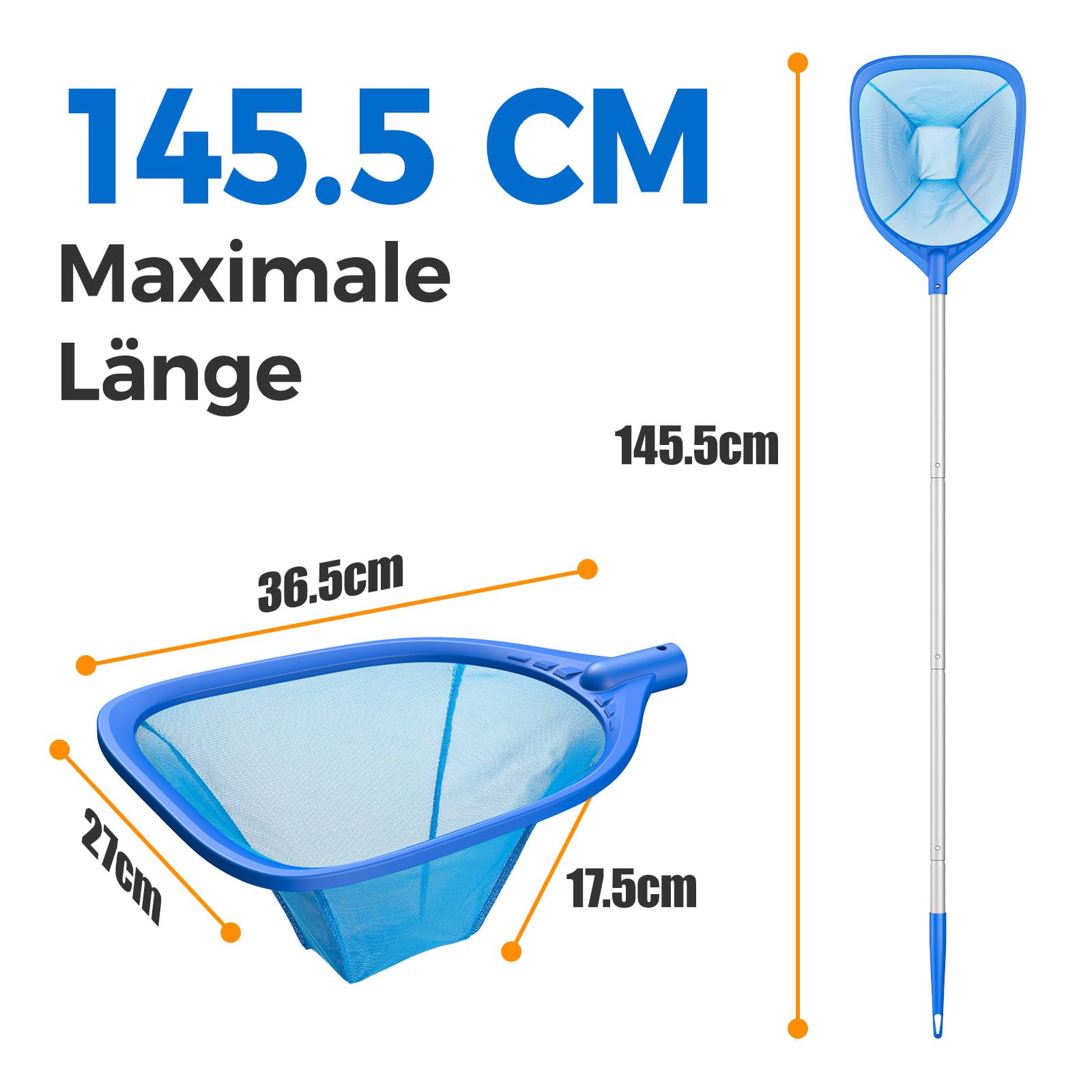 Mowend Retino per Piscina, Retina Raccogli Foglie per Piscina con Stabile Palo in Alluminio da 1,14 m, retino per Piscina Professionale con 4 Pali per Piscina, Spa, Laghetti, Sorgenti Termali