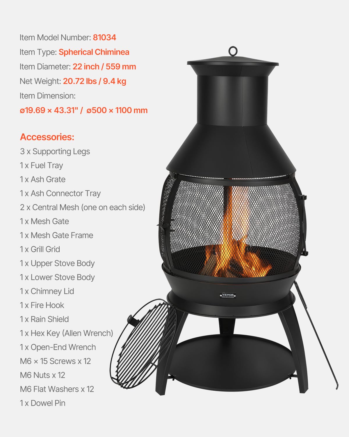 VEVOR Gartenkamin, φ500x1100mm Terrassenofen, Aztekenofen aus Eisen zum Grillen & Wärmen, Chimenea Feuerstelle mit Grillgitter, Kaminmantel & rostfreiem Kamindeckel, für Terrasse, Garten, Hinterhof