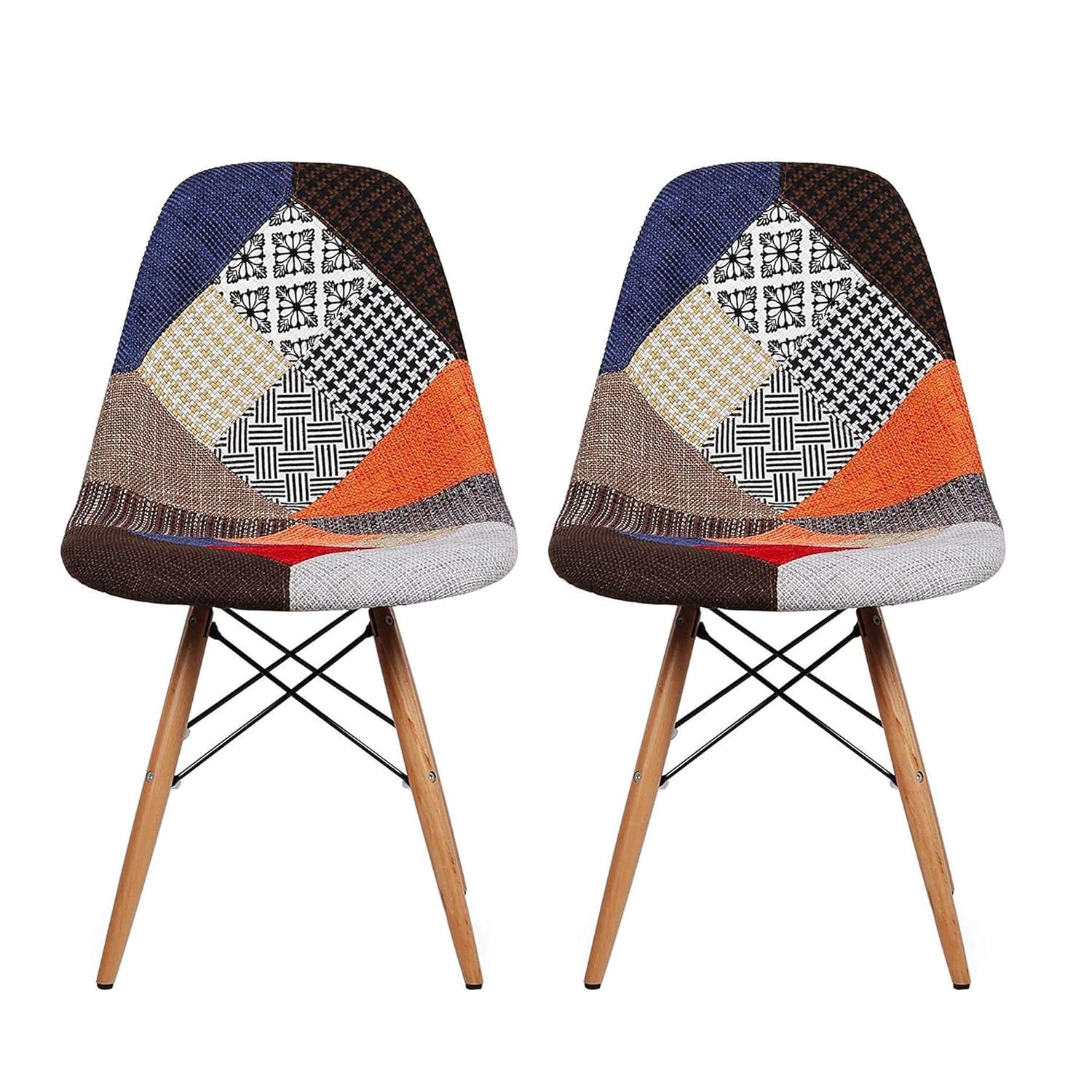TIED RIBBONS Set of 2 Designer DSW Patchwork Chair - Mid-Century Modern Retro - Multicolour - Comfortable Fabric & Modern Design - Office & Dining - Wood & Alloy Steel-image-25