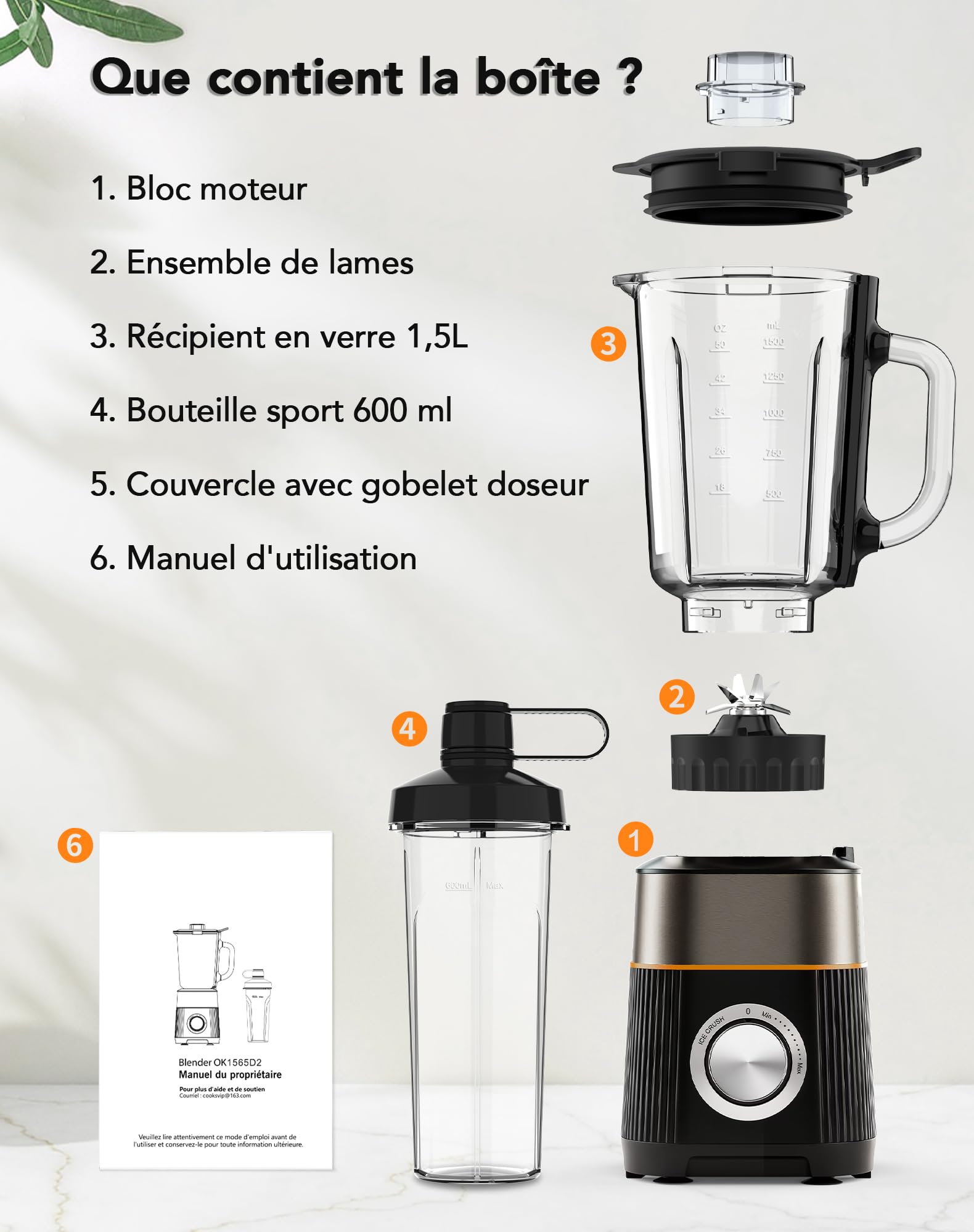 Blender, Mixeur 1000W, Blender Smoothie 2 en 1, Bol en Verre 1.5L + Bouteille Portable 600ml Sans BPA, Lames Inox 304 pour Glace, Auto-nettoyant, Réglage Continu Vitesse