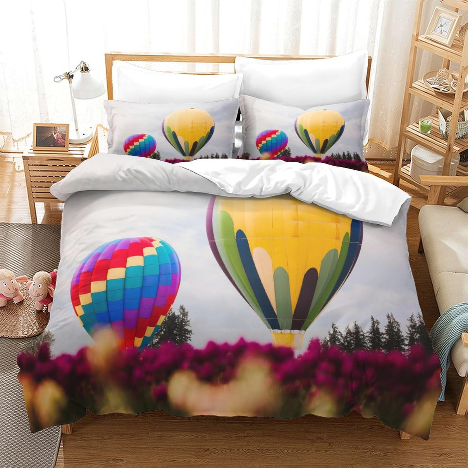 HLXZMCVBT Hot Air Balloon 3D Printed Duvet Cover Set Comforter Bedding Set Pillowcasefor SetSoft Zipper Quilt Children Teens Double（200x200cm）