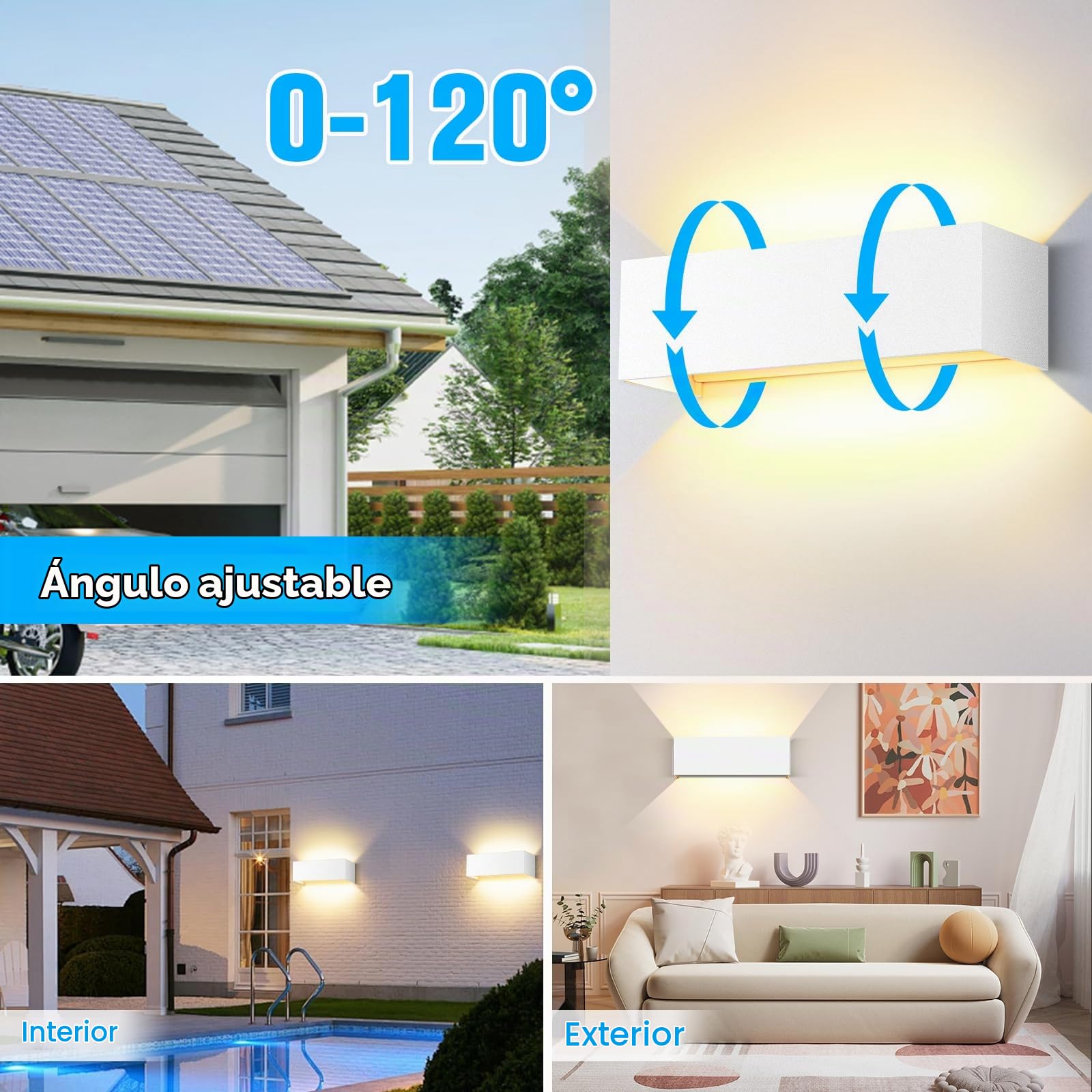 ledmo 4 Piezas 30W LED Aplique Pared Exterior/Interior 0-120° El ángulo es ajustable Blanco Aplique Exterior 3000K Blanco cálido IP65 Impermeable
