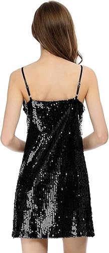 Miniatura 5 de Allegra K - Minivestido de lentejuelas con brillantina para mujer, tirantes delgados, cuello en V, para fiesta, cóctel, discoteca