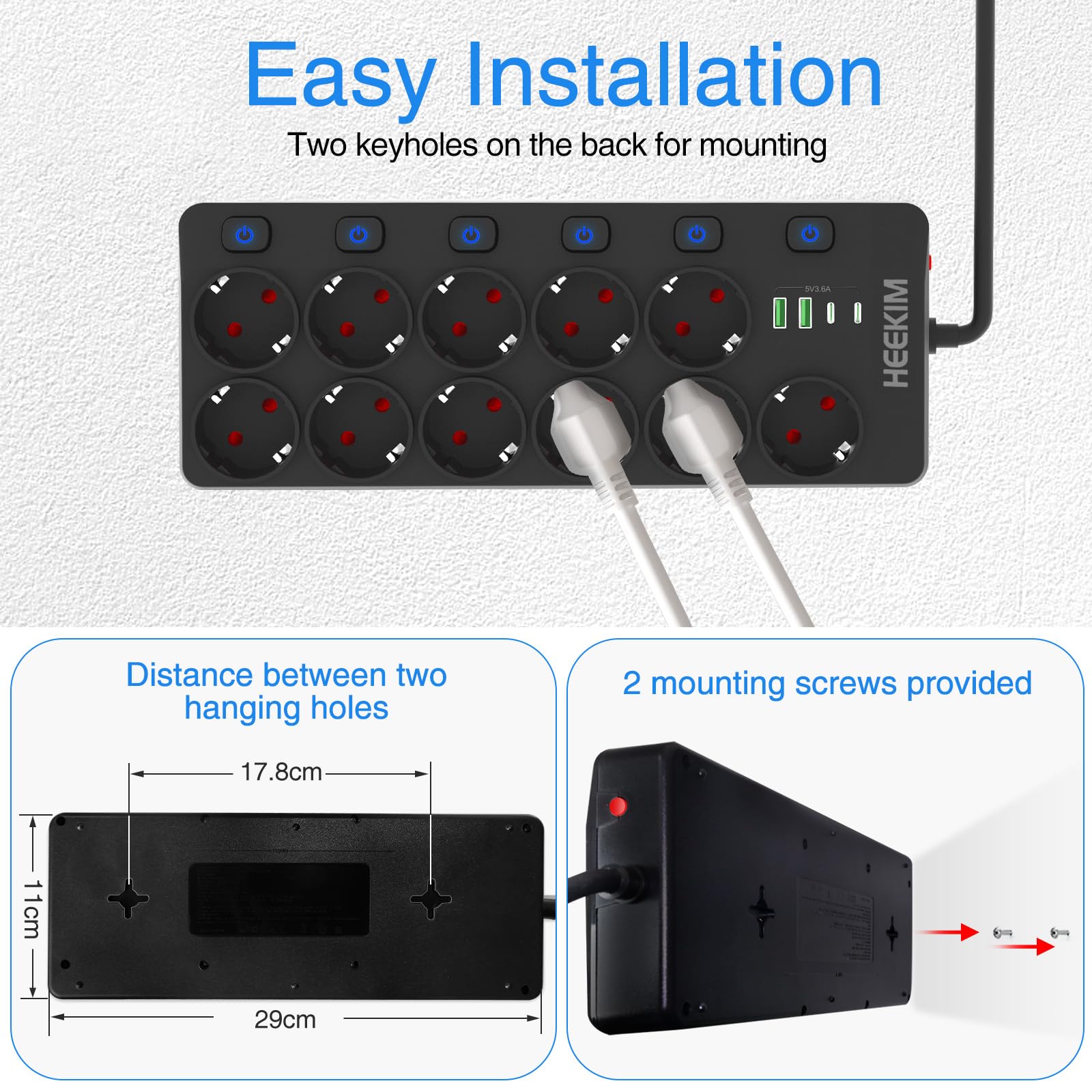 HEEKIM Multiprise, Multiprise Murale Commutable Individuellement 11 Prises avec 2 USB-A et 2 USB-C, 4000W/16A (Noir, 2M)