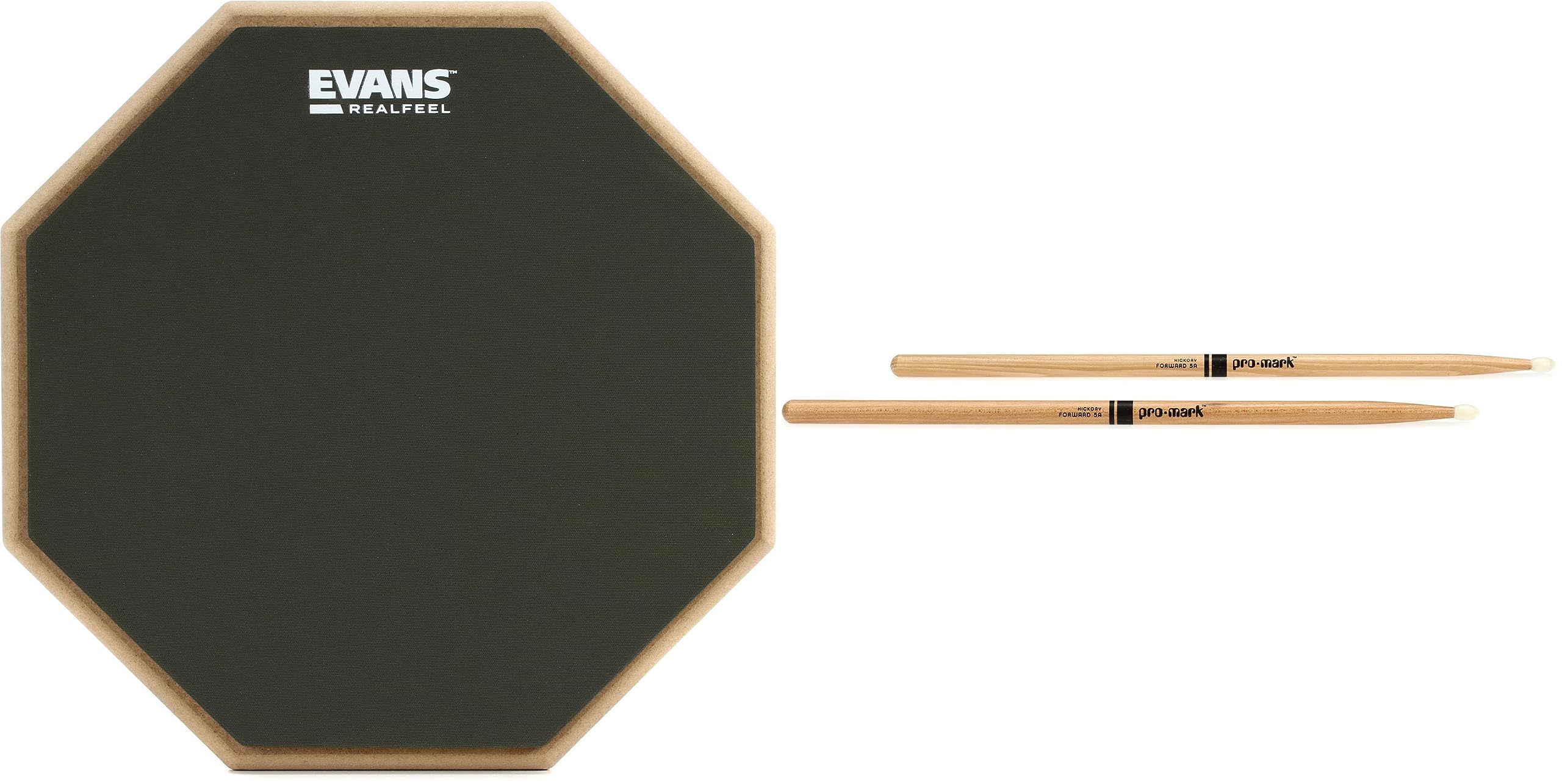 Evans 2-sided 12-inch Practice Drum Pad and Classic Forward DrumSticks - Hickory 5A Nylon…